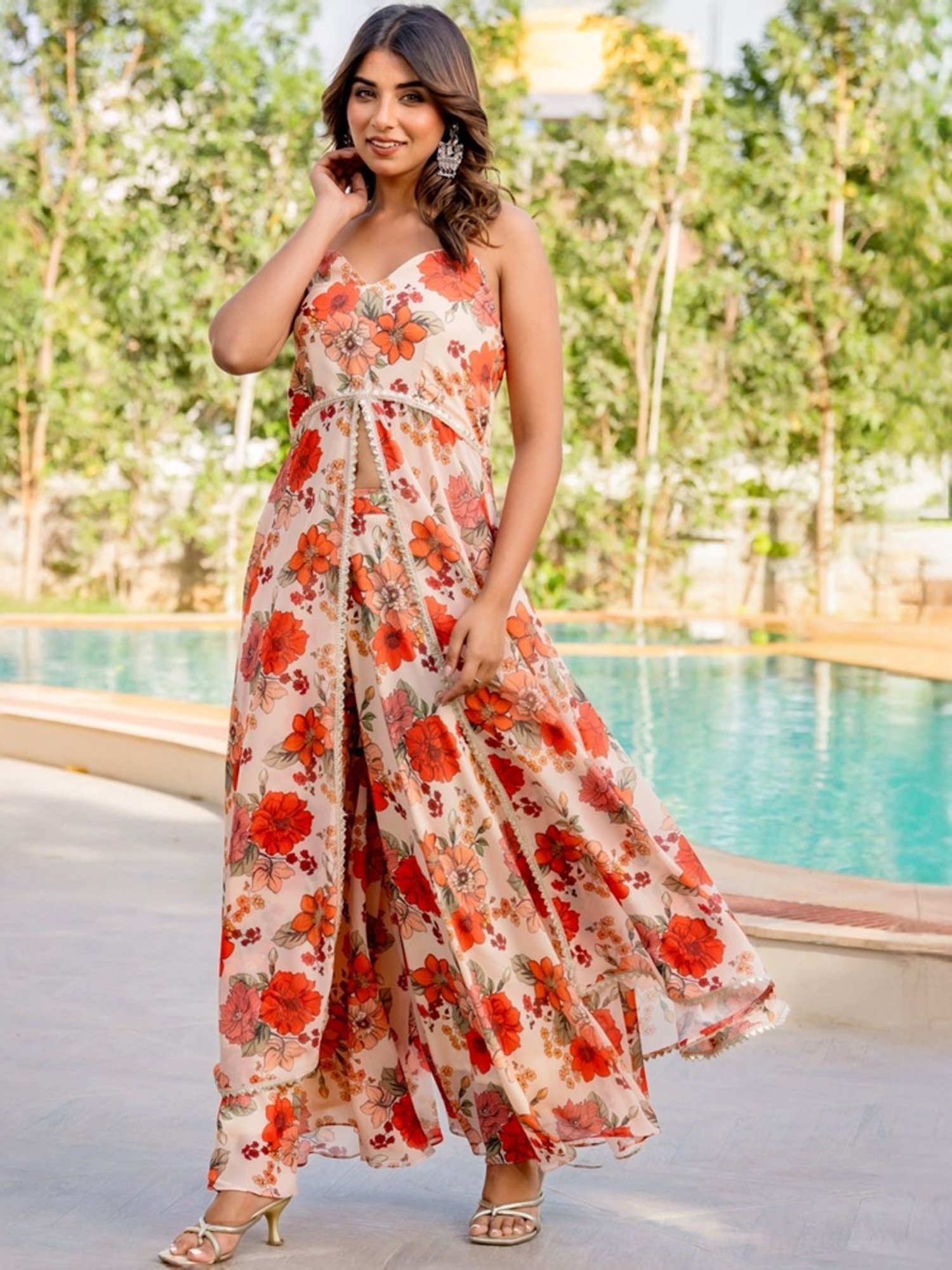 HOUSE OF JAMOTI Beige Printed Kurta Palazzo Set