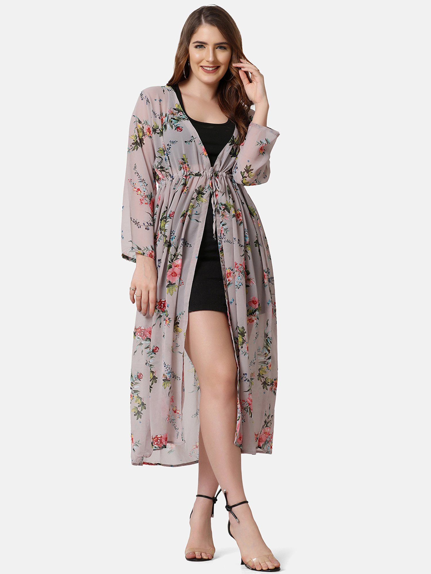 BUYNEWTREND Grey Floral Print Shrug