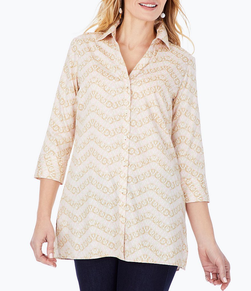 Foxcroft Pamela Non-Iron Chevron 3/4 Sleeve Point Collar Tunic
