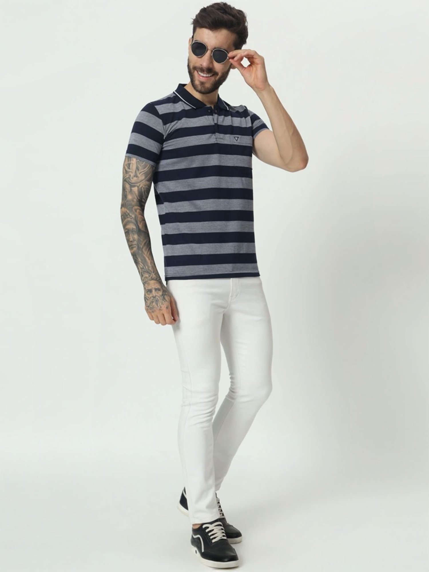 Tab91 Blue Regular Fit Striped Polo T-Shirts