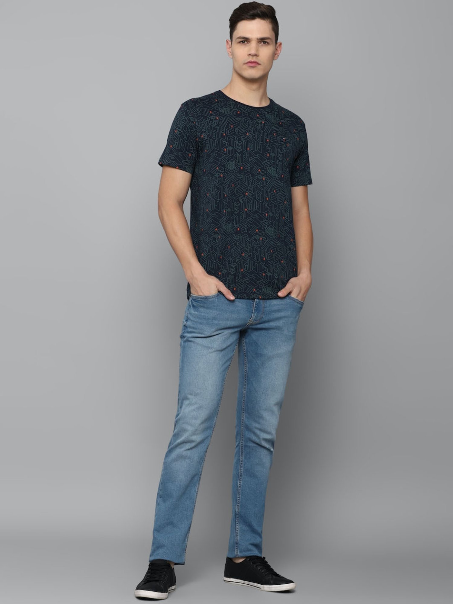 Louis Philippe Jeans Navy Cotton Slim Fit Printed T-Shirt