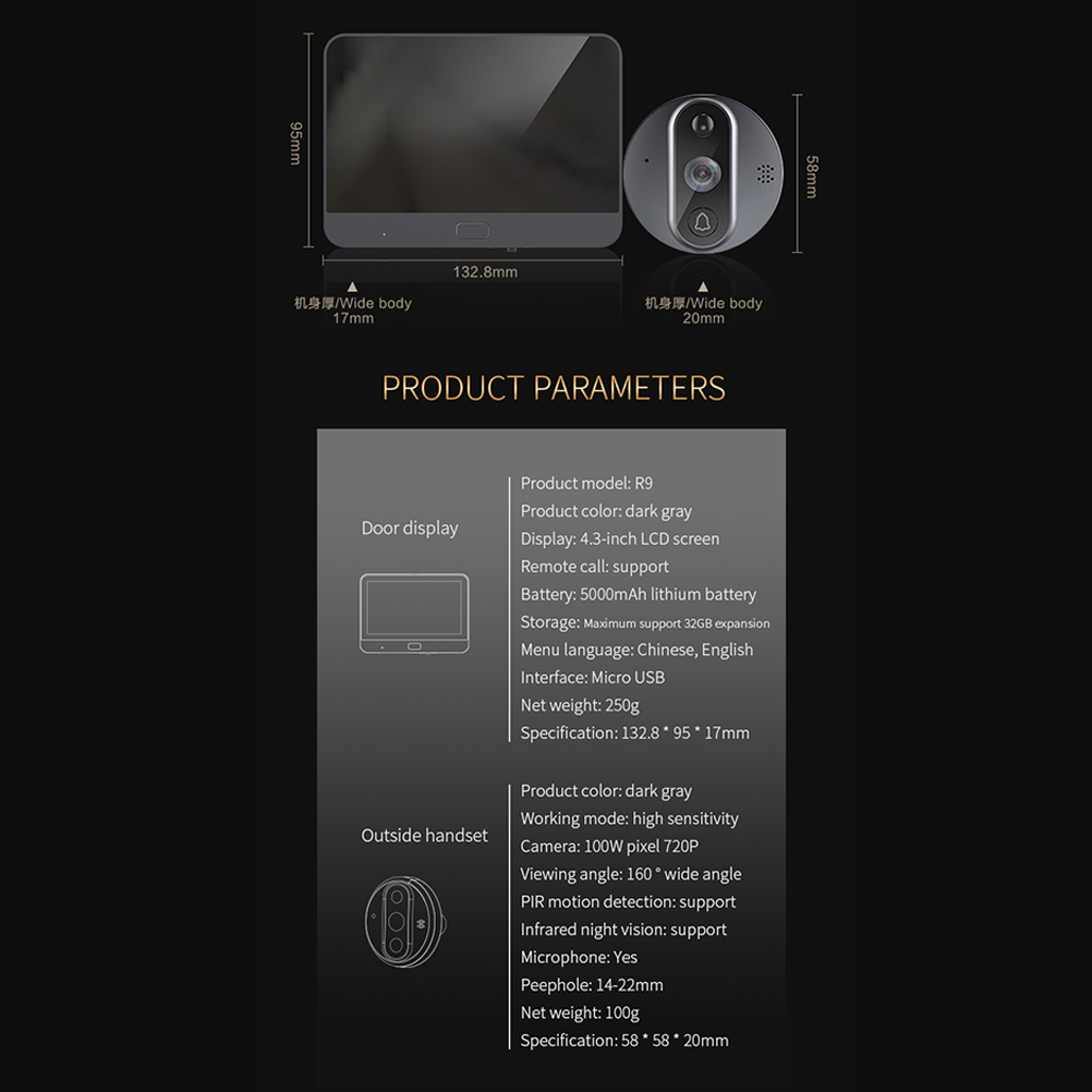 HOMEMAXS Security Wi-Fi Video Doorbell, 4.3 Inch Smart Visual Cat Eye, 720P Video, Motion Activated Alerts, Easy Installation And Two-way talk with noise cancellation Grey