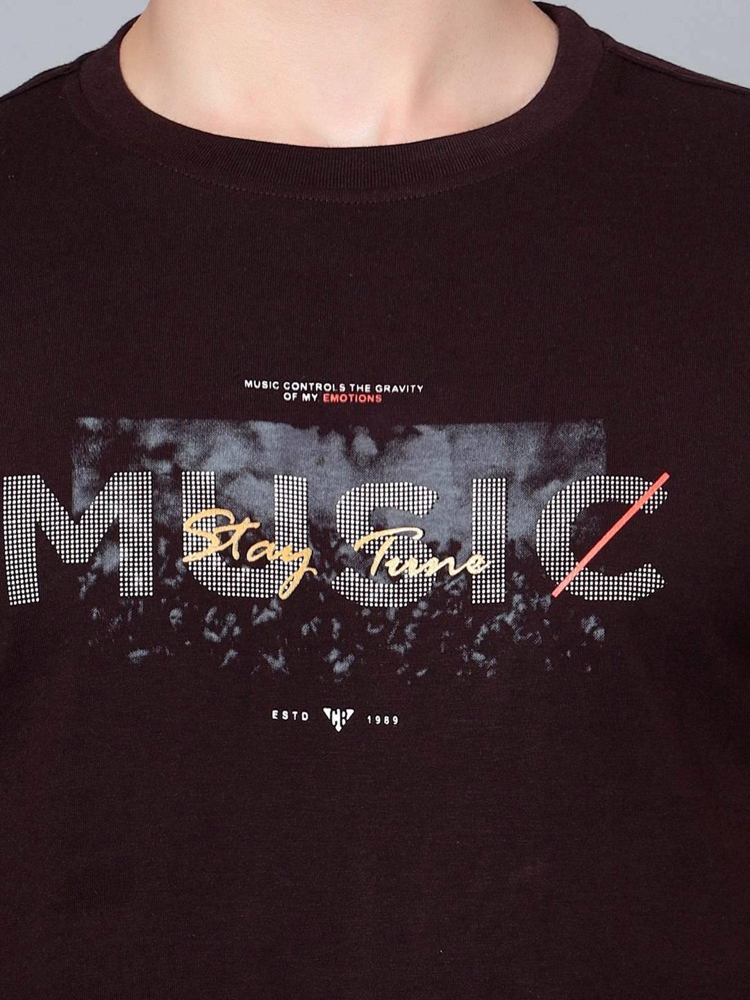 Cantabil Wine Cotton Regular Fit Printed T-Shirt