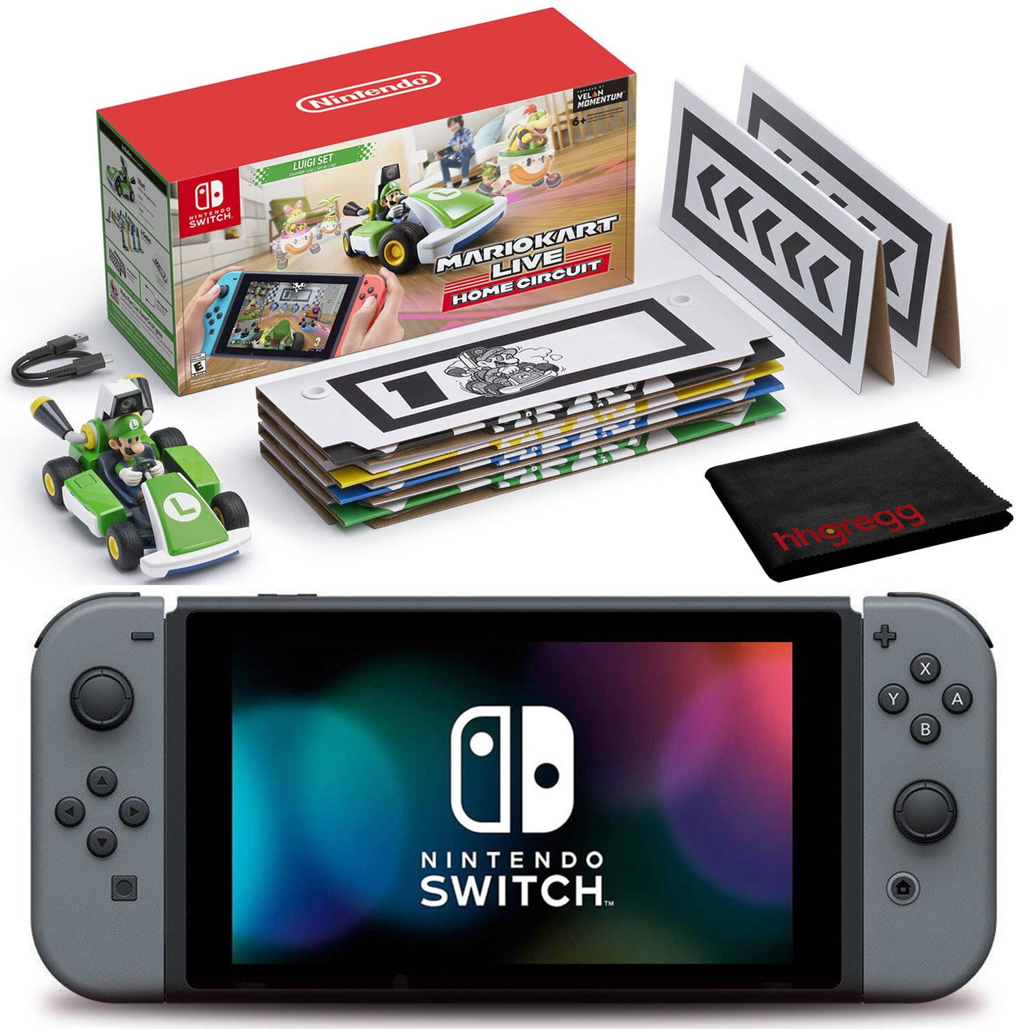 Nintendo Switch (Gray) Bundle with Mario Kart Live (Luigi Set) + Cleaning Cloth