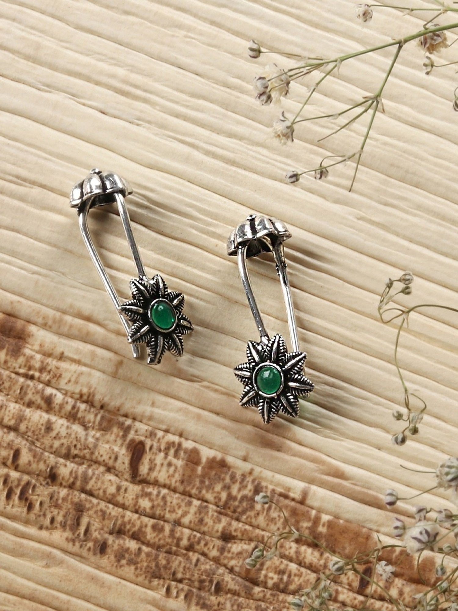 Teejh Ethnic Krisha Green Stone Silver Oxidsed Ear Cuff Earrings