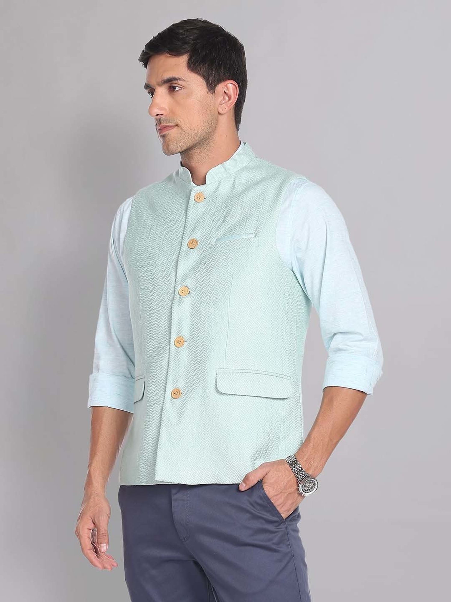AD by Arvind Mint Green Mandarin Collar Self Design Nehru Jacket
