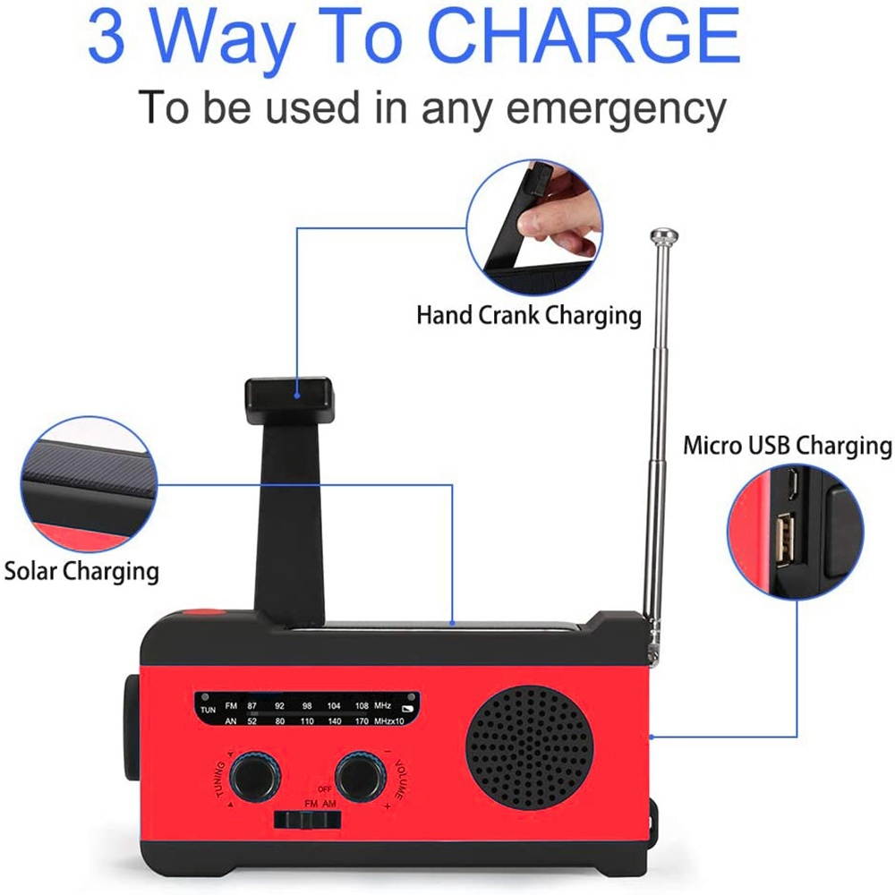 Solar Radio Hand Crank AM/FM(76-108MHz)Radio Emergency Radio with LED Flashlight and 2000MAh Phone Charger
