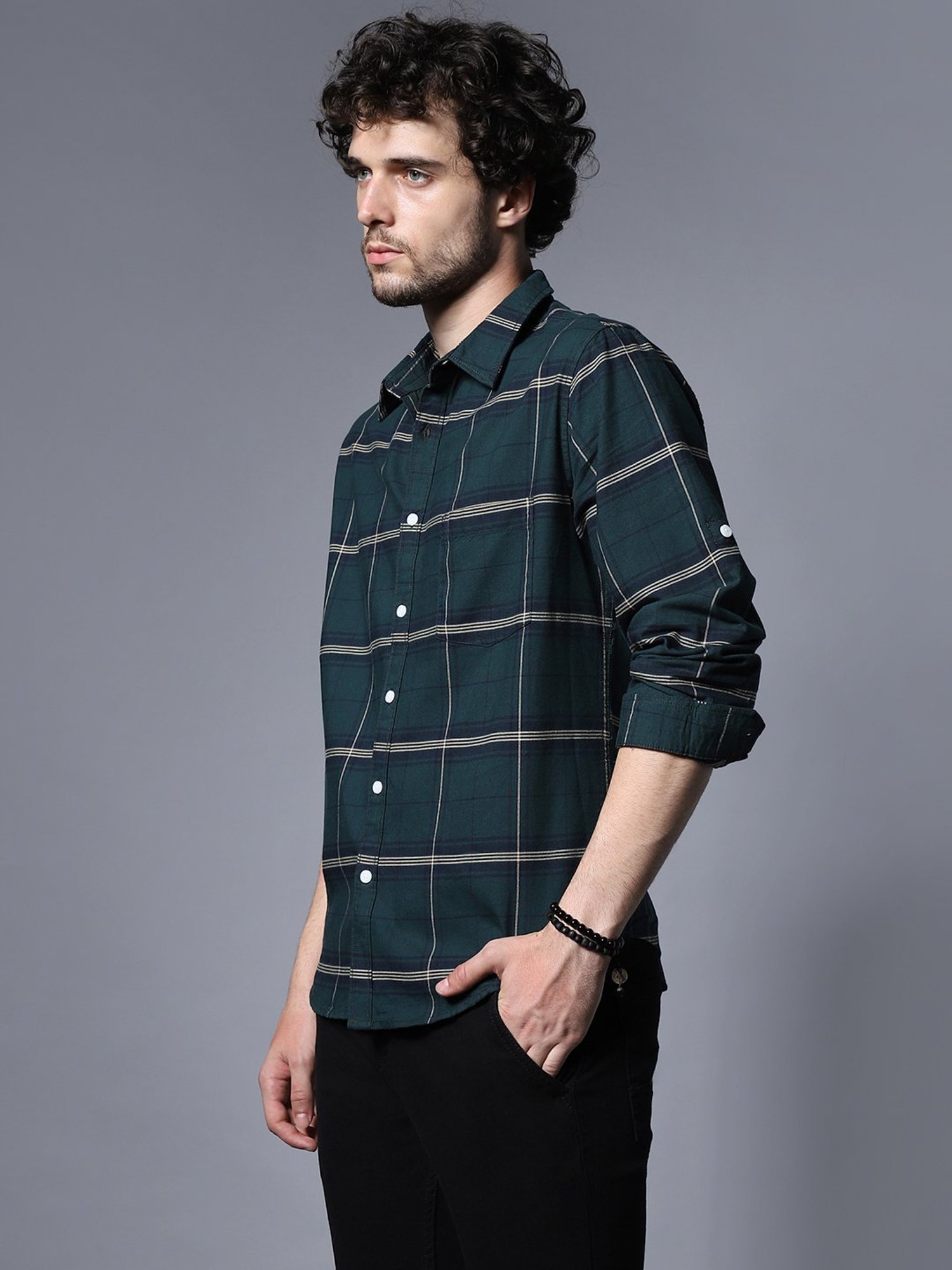 High Star Green Relaxed Fit Checks Shirt