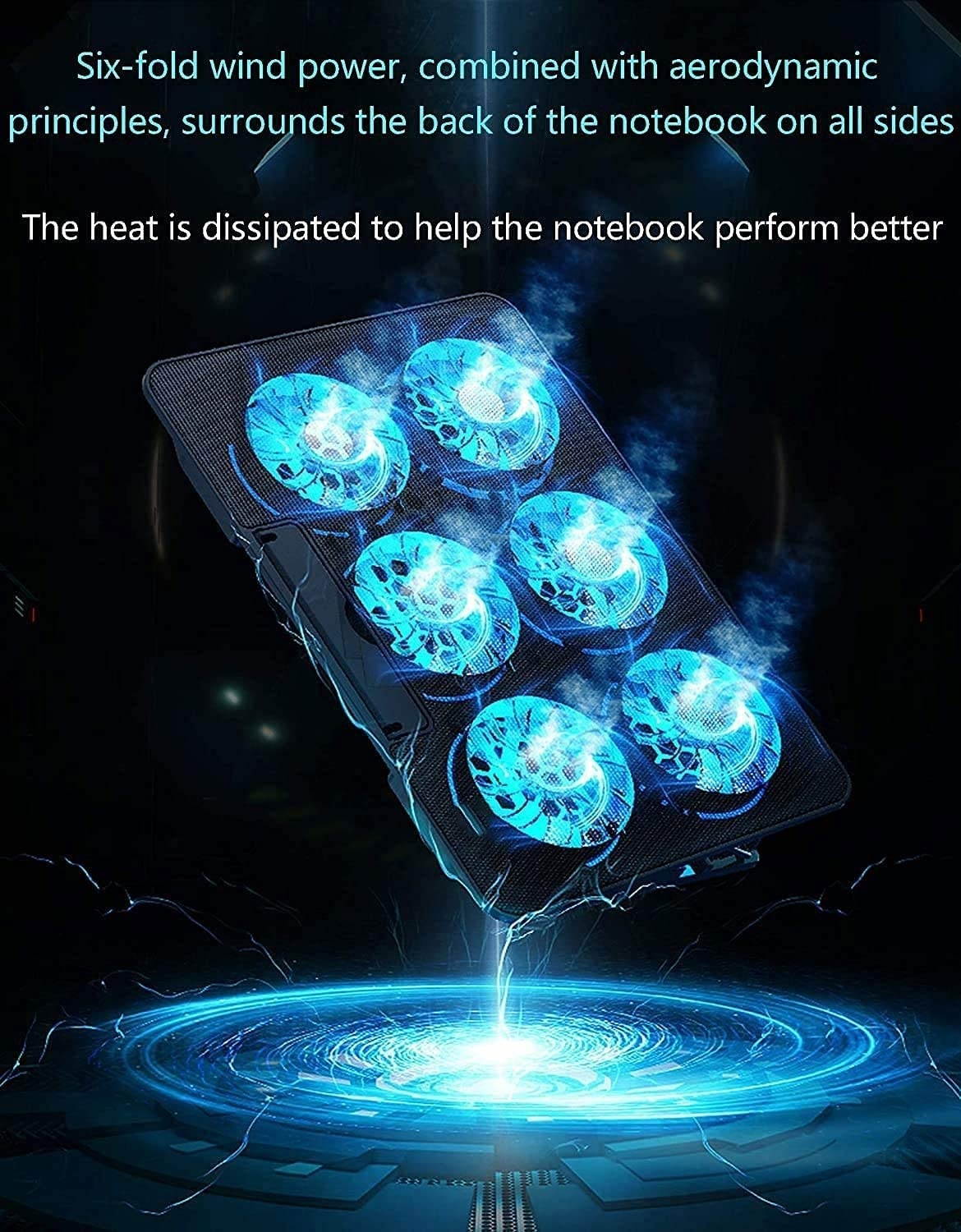 RGB Laptop Cooling Pad with 6 Quiet LED Fans 5 Heights Adjustable and Phone Stand, Dual USB Ports Gaming Laptop Cooler for 11"-18" Gaming Laptops (Blue)