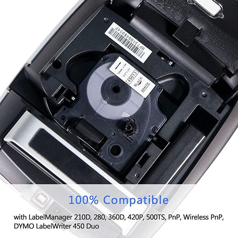 Compatible Label Tape Replace Dymo D1 Label Tape 45013 S0720530 for DYMO LabelManager 160 210D 260P 280 360D 420P 450D Label Maker12 Inch 12mm x 23 Feet 7m Black on White 5 Pack