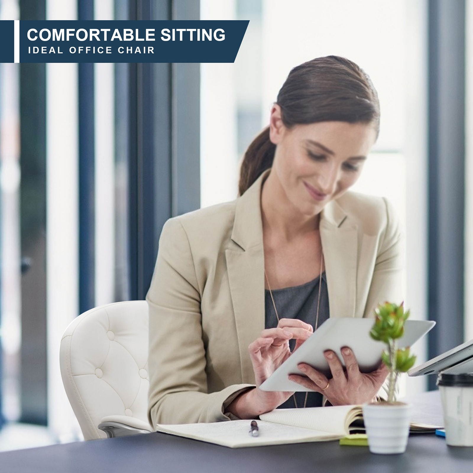 YOUTHUP Office Chair Computer High Back Adjustable Ergonomic Desk Chair Executive PU Leather Swivel Task Chair with Armrests Lumbar Support,White