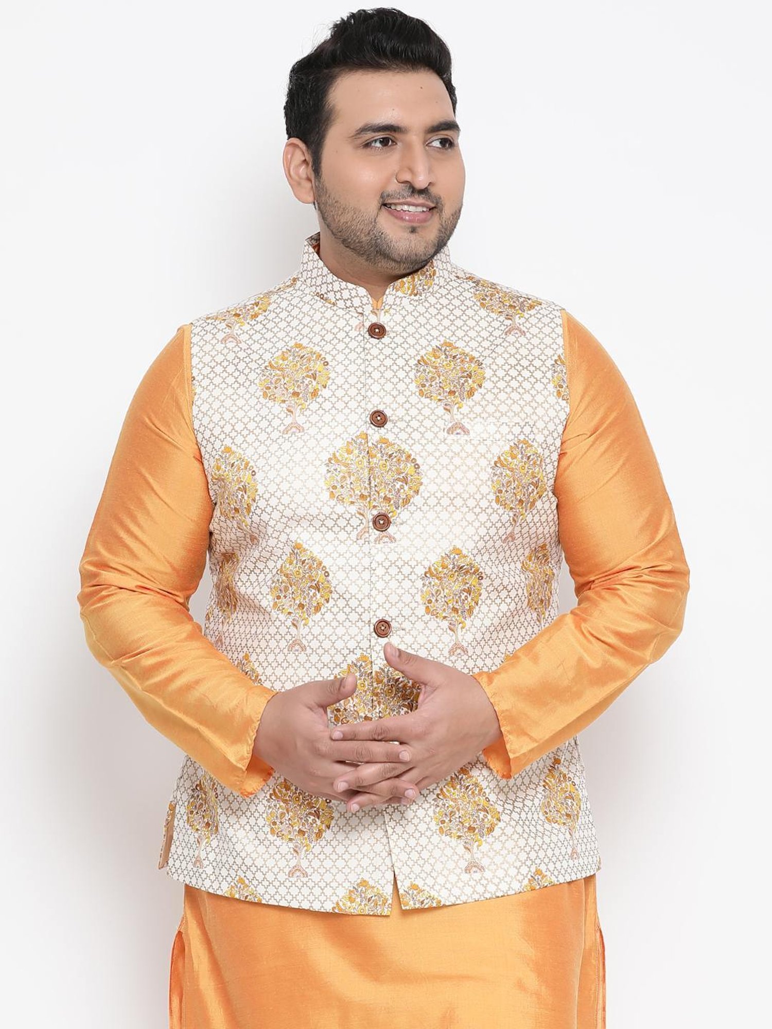 KISAH PLUS White Regular Fit Printed Nehru Jacket