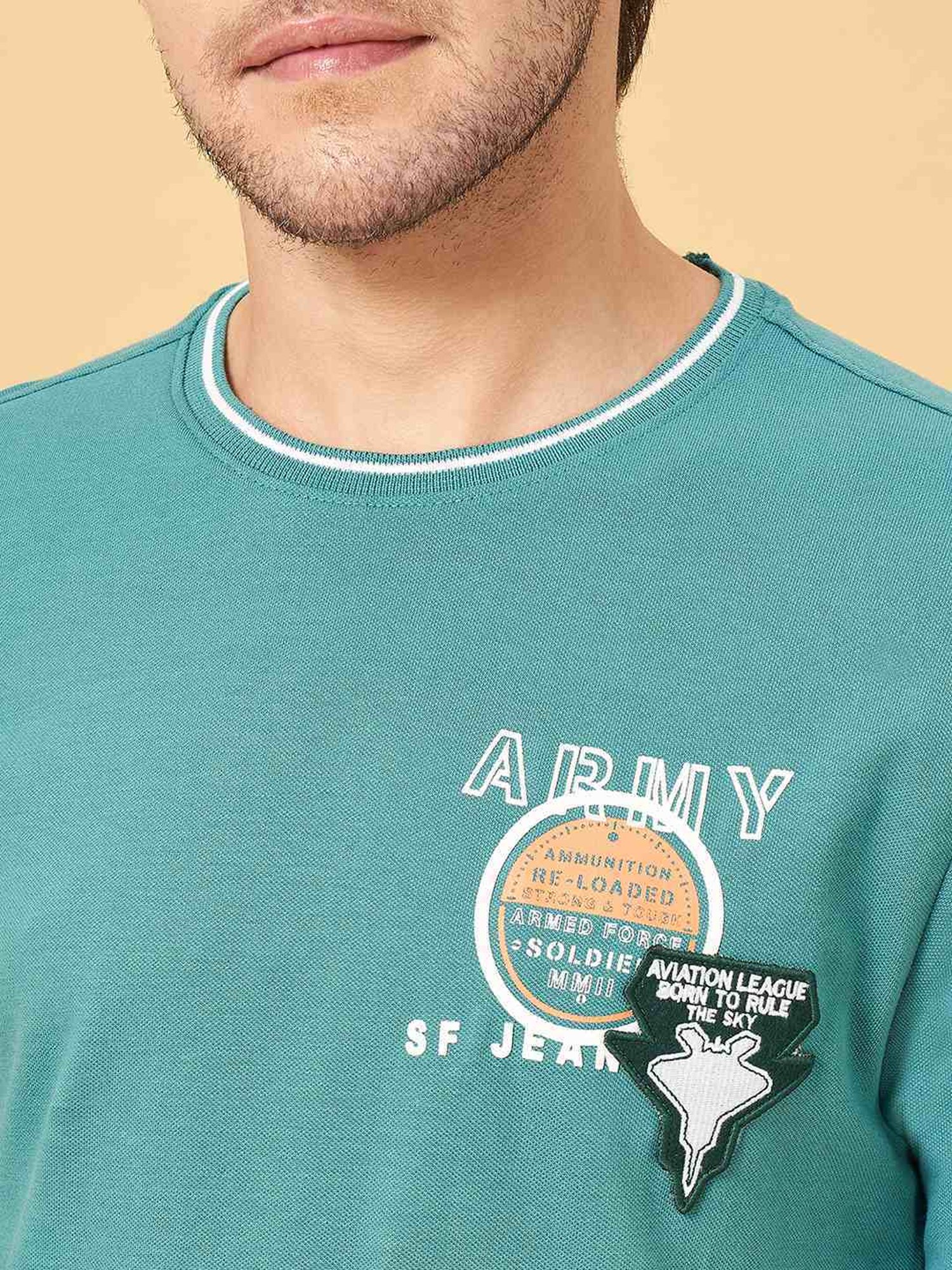 Sf Jeans By Pantaloons Dusty Turquoise Slim Fit Printed T-Shirt