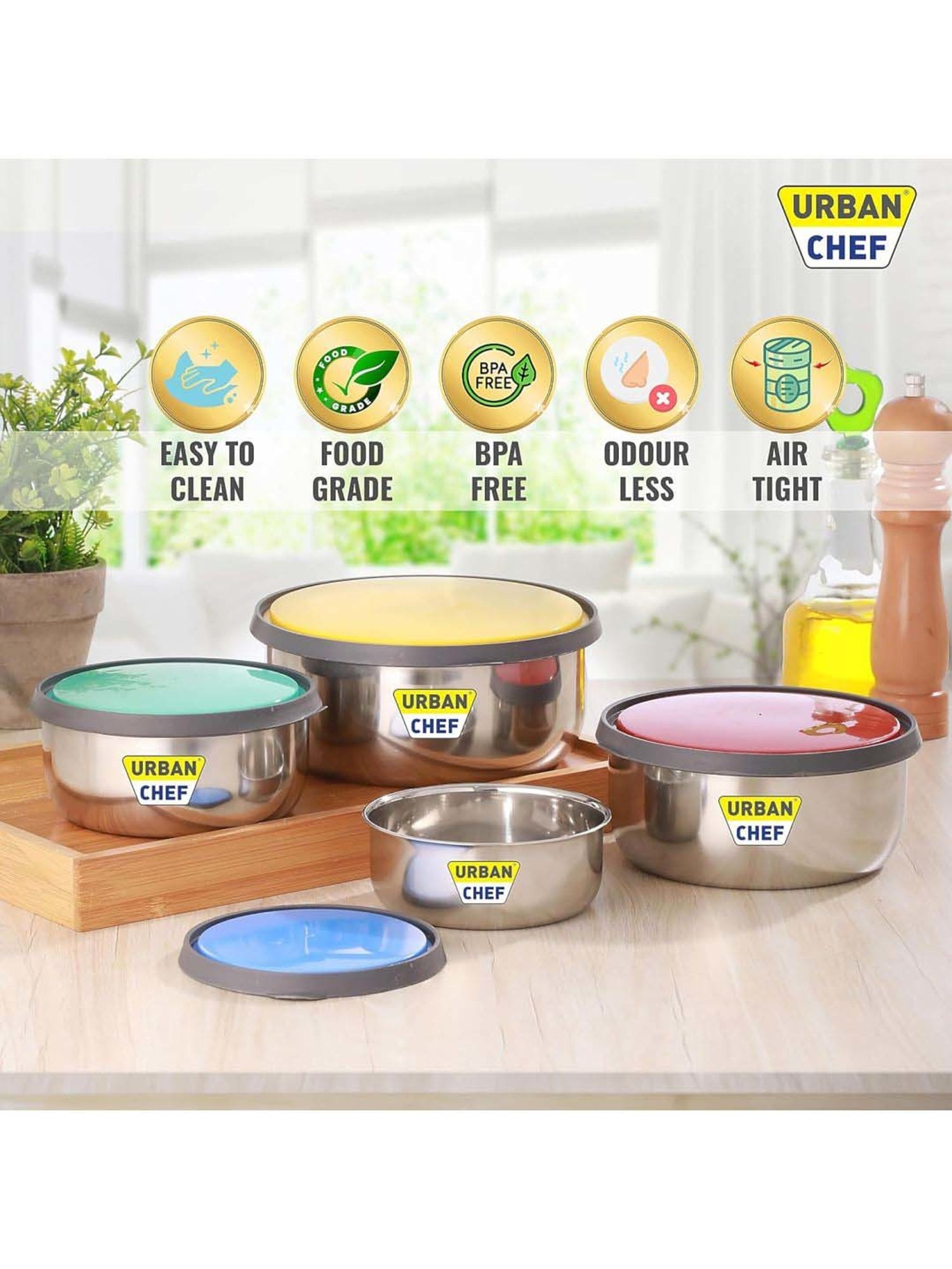 Urban Chef Multicolor Stainless Steel Fresca Push & Lock Bowl Storage Set With Lid - Set of 4