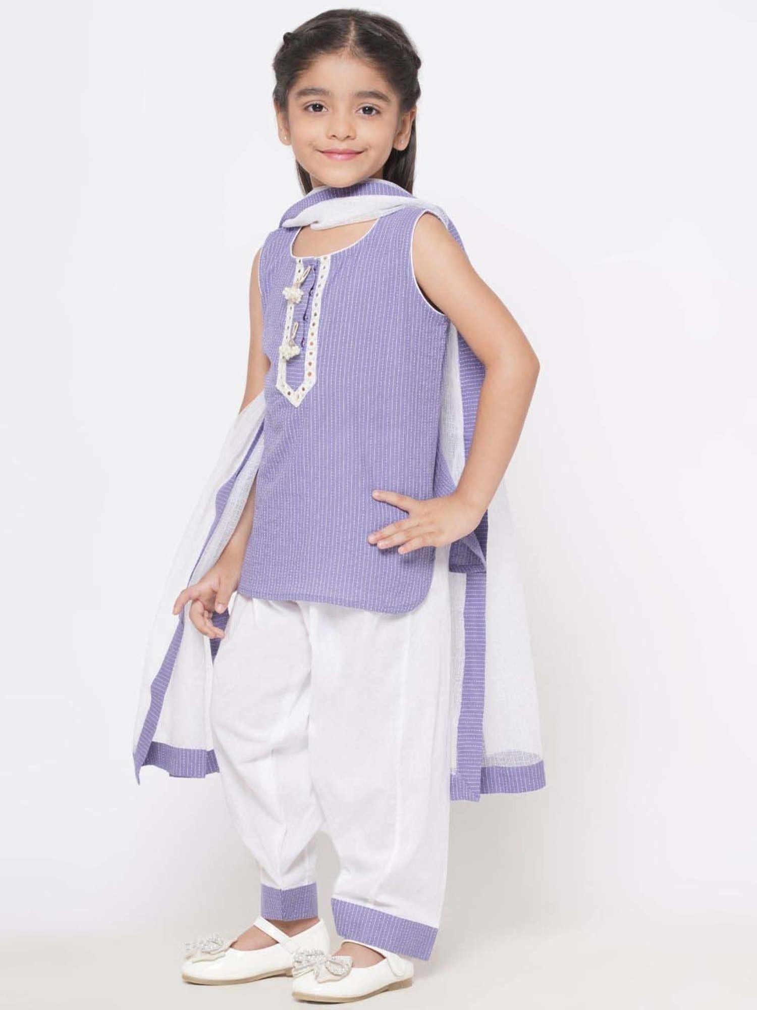 Little Bansi Kids Lavender & White Cotton Embroidered Kurta Set