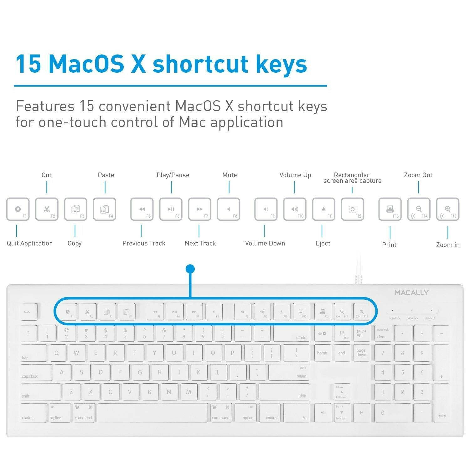 Macally Full Size  (MKEYE) for Mac and PC (White) w/Shortcu... USB Wired Keyboard