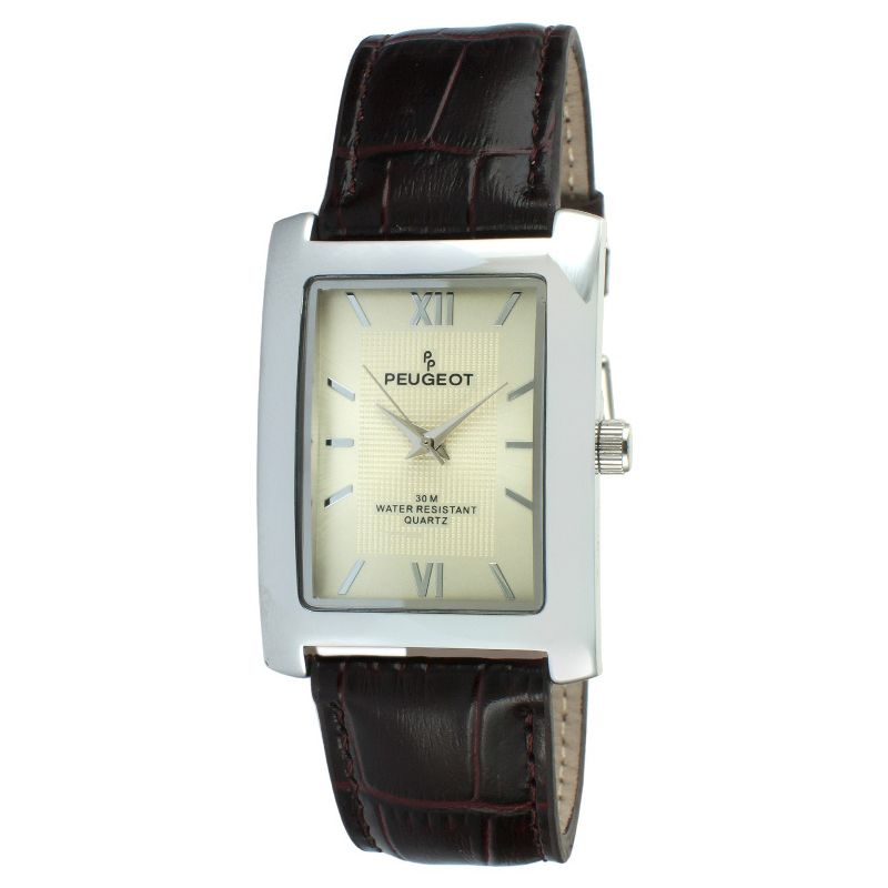 Men's Peugeot Rectangular Leather Strap Watch - Brown