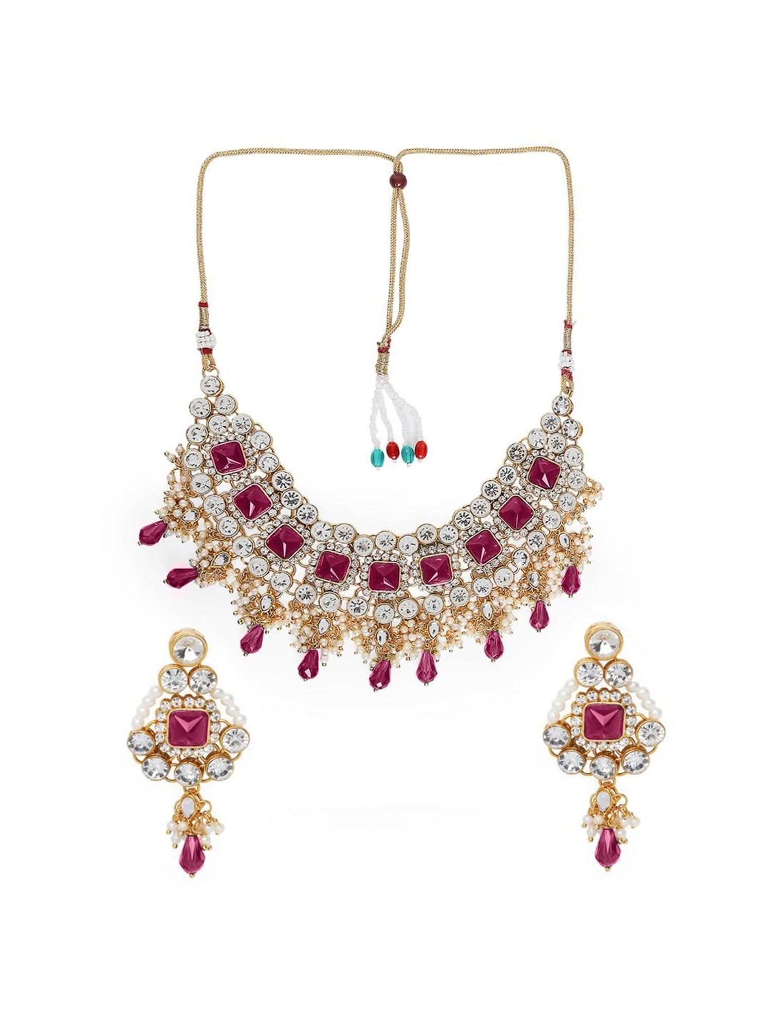 OOMPH Rani Pink Stones & Kundan Heavy Ethnic Necklace Set for Women