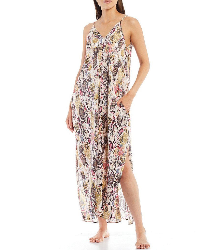 VAN WINKLE & CO. Snake Print V-Neck Sleeveless Satin Maxi Chemise