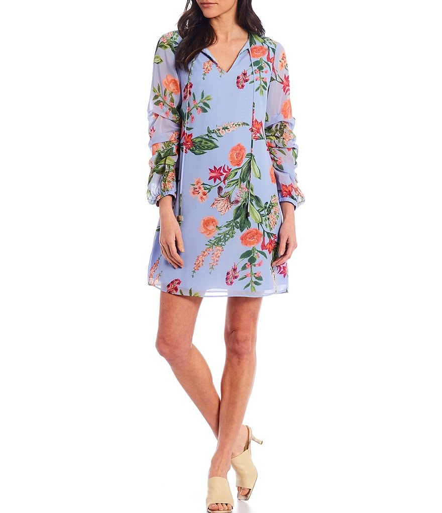 Vince Camuto Shirred Long Sleeve Floral Chiffon Shift Dress