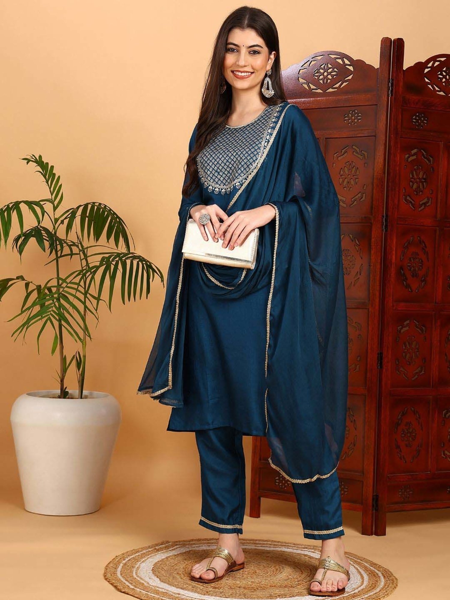 Vaamsi Teal Blue Embroidered Kurta Pant Set With Dupatta