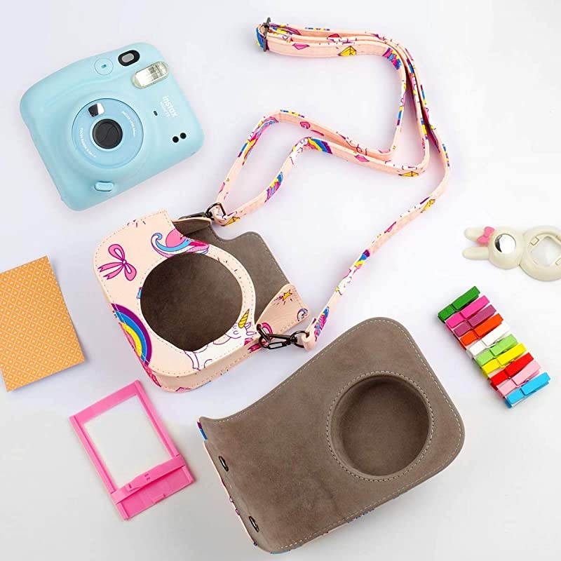 Portable Case Compatible with Fujifilm Instax Mini 11 Instant Camera with Accessories Pocket and Adjustable Strap. (Rainbow Unicorn)