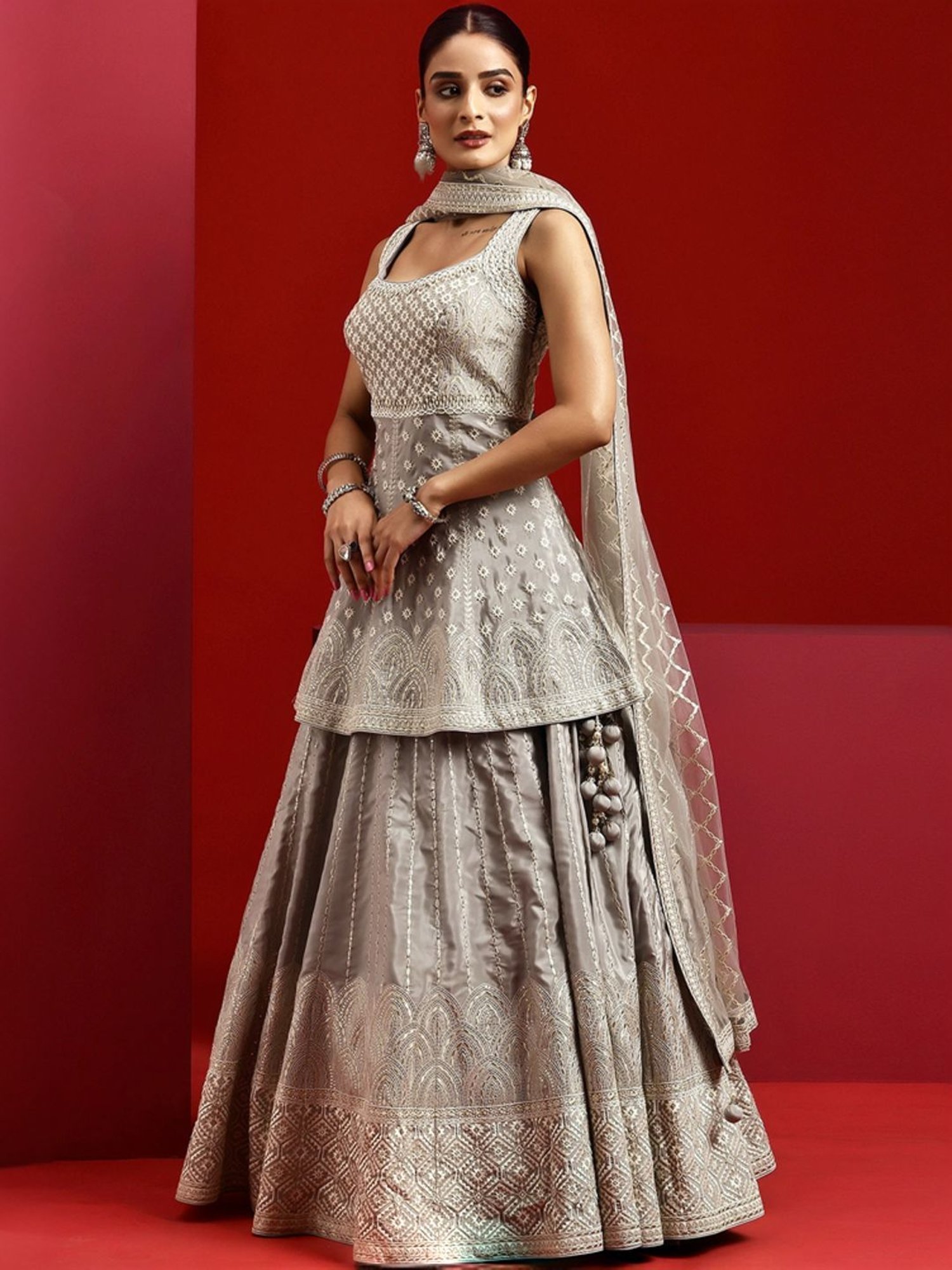 Libas Art Grey Embroidered Lehenga Choli Set With Dupatta