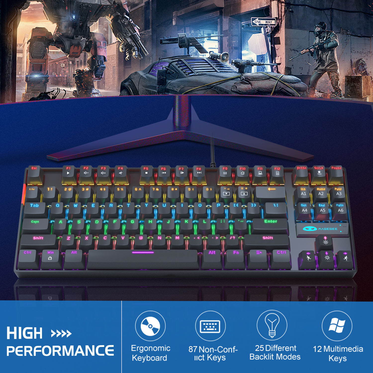 MageGee Mechanical Gaming Keyboard Compact 87 Keys LED Rainbow Backlit Wired Computer Keyboard with Blue Switches for Windows Gaming PC (Black)