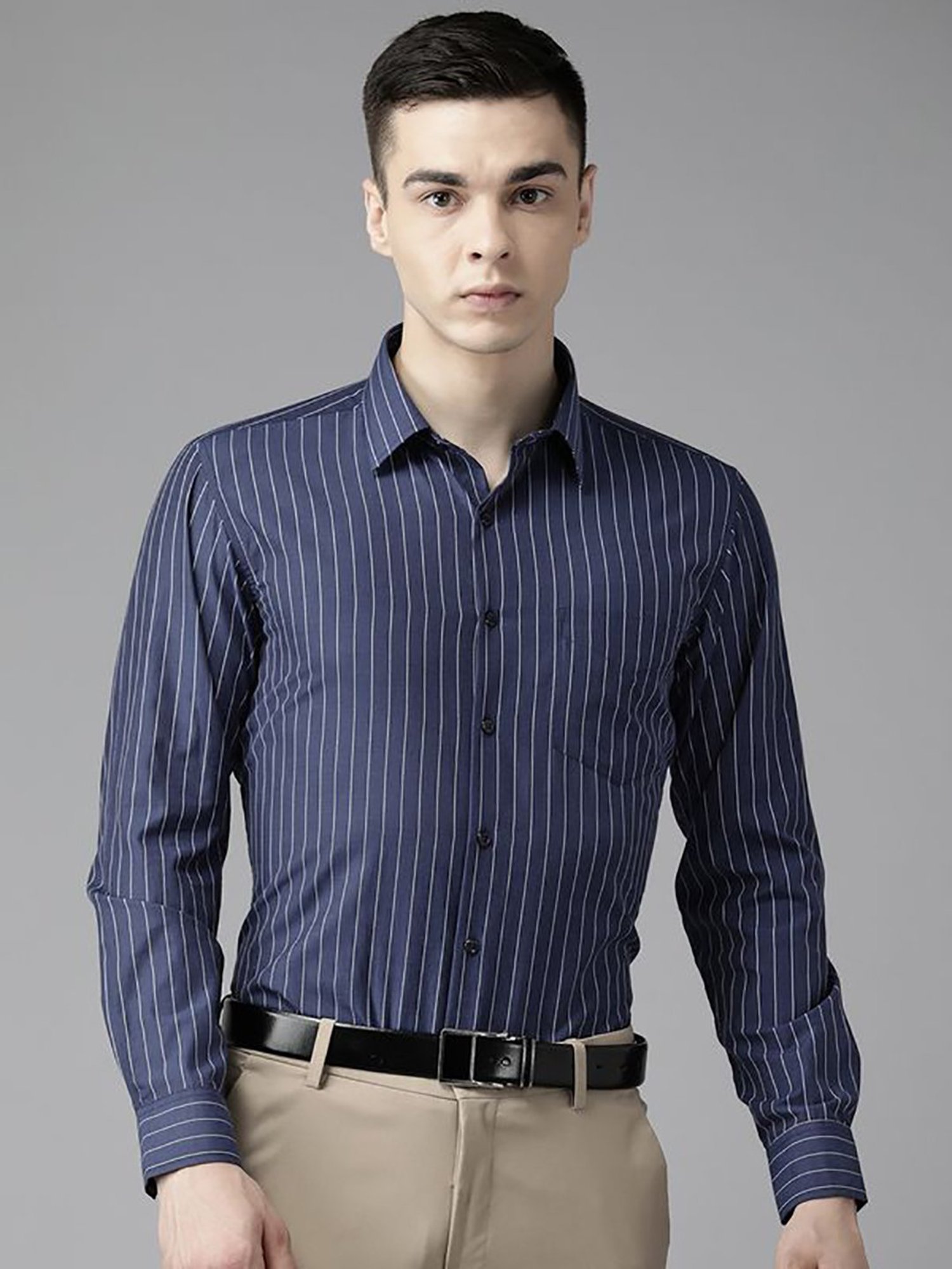 English Navy Navy Blue Slim Fit Stripes Shirts