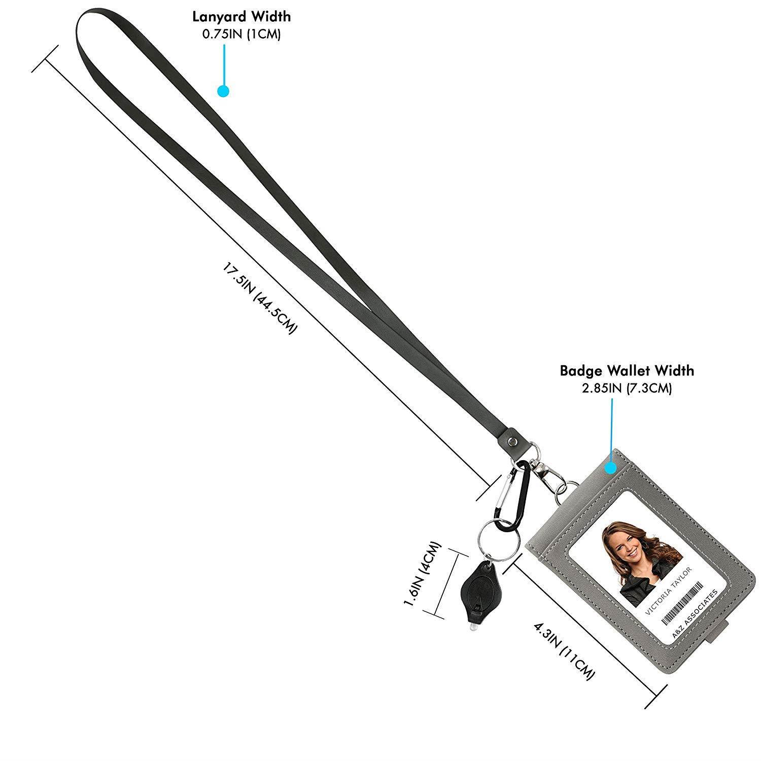 PU Leather Lanyard with Detachable Bifold Wallet with 2 ID Badge Holder Windows & 3 Card Pockets. Carabiner Keychain Flashlight with Key Ring. 17.5'' PU Leather Neck Strap. Gray Color.