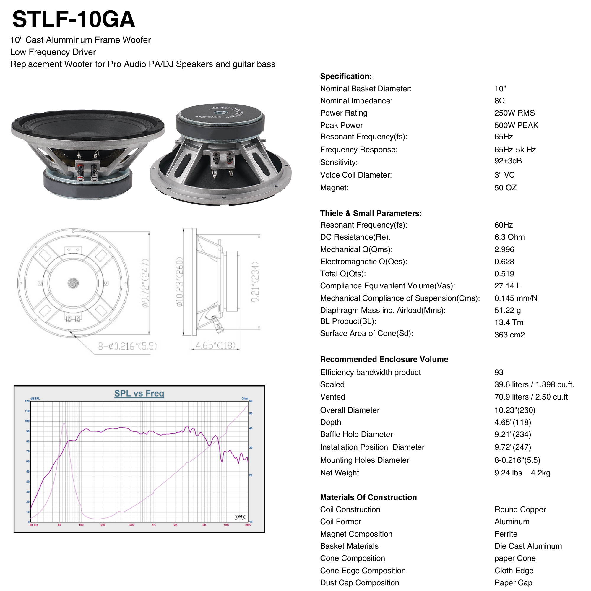Sound Town 2-Pack 10" 250W Cast Aluminum Frame Woofer w/ 3" Voice Coil, Replacement Woofer for PA/DJ Speaker, Bass Guitar Cabinets (STLF-10GA-PAIR)