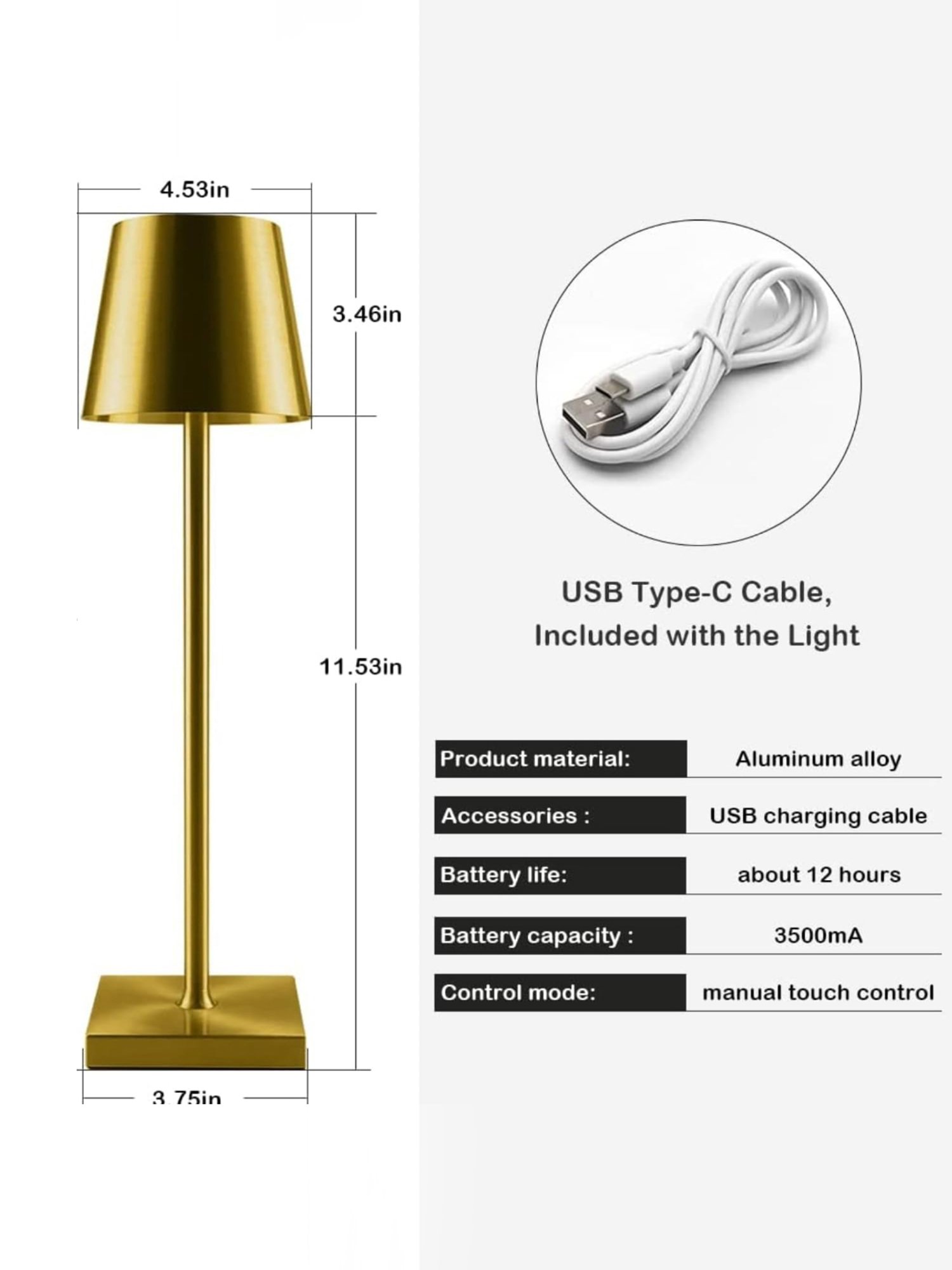 Xergy Portable Metal Desk Lamp with Touch Control with Usb Rechargeable, 3-Levels Brightness (Gold)