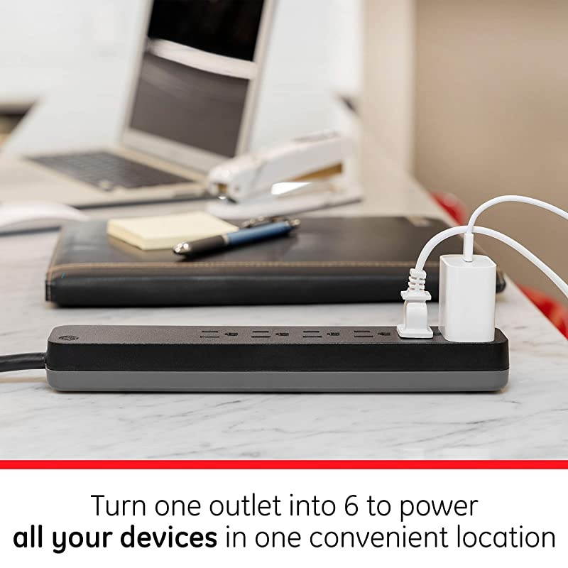 Pro 6 Outlet Sur Protector 2 ft Extension Cord Power Strip Flat Plug Wall Mount Black 45170