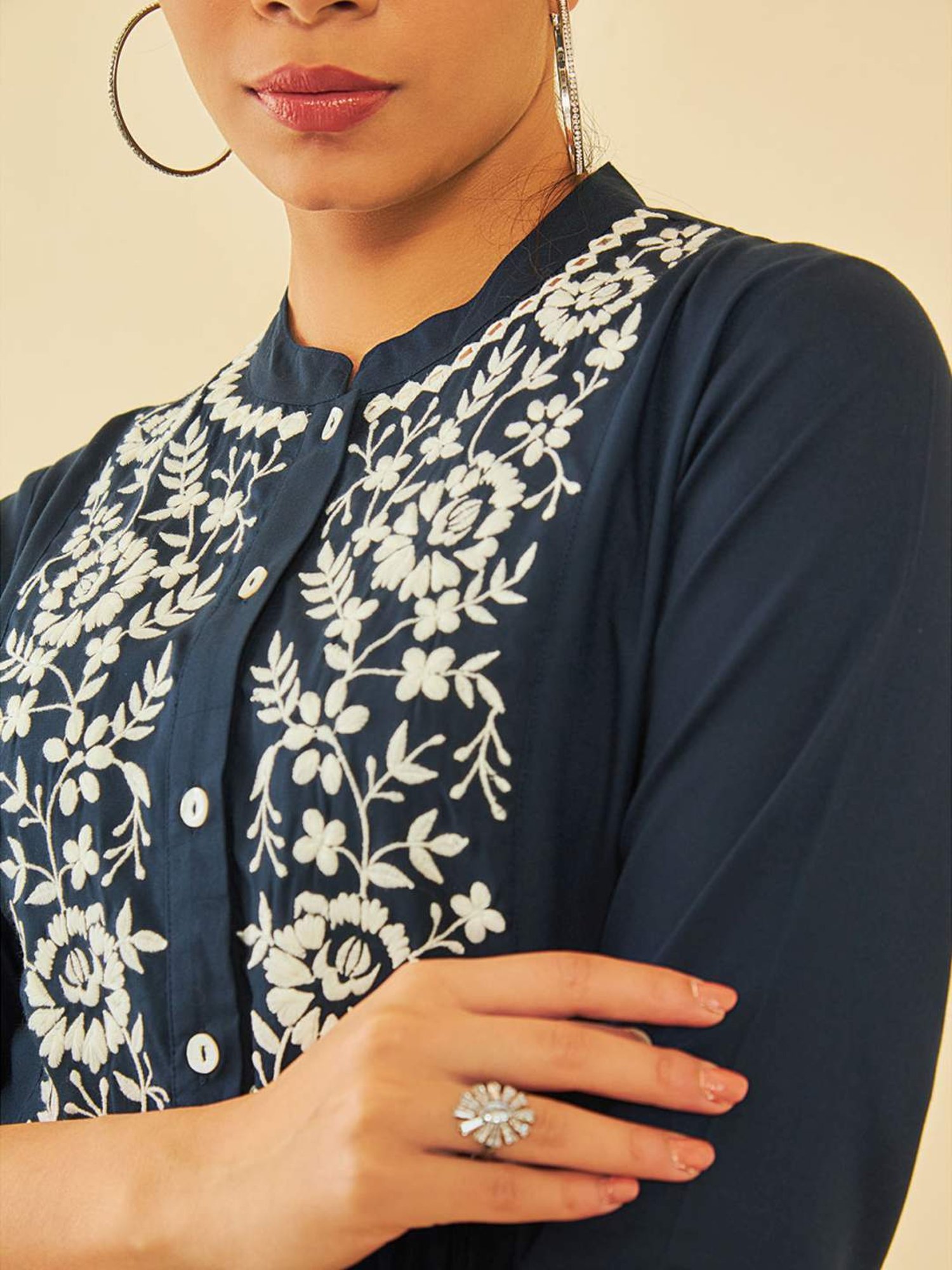 Soch Womens Navy Blue Rayon Embroidered Ethnic Tunic