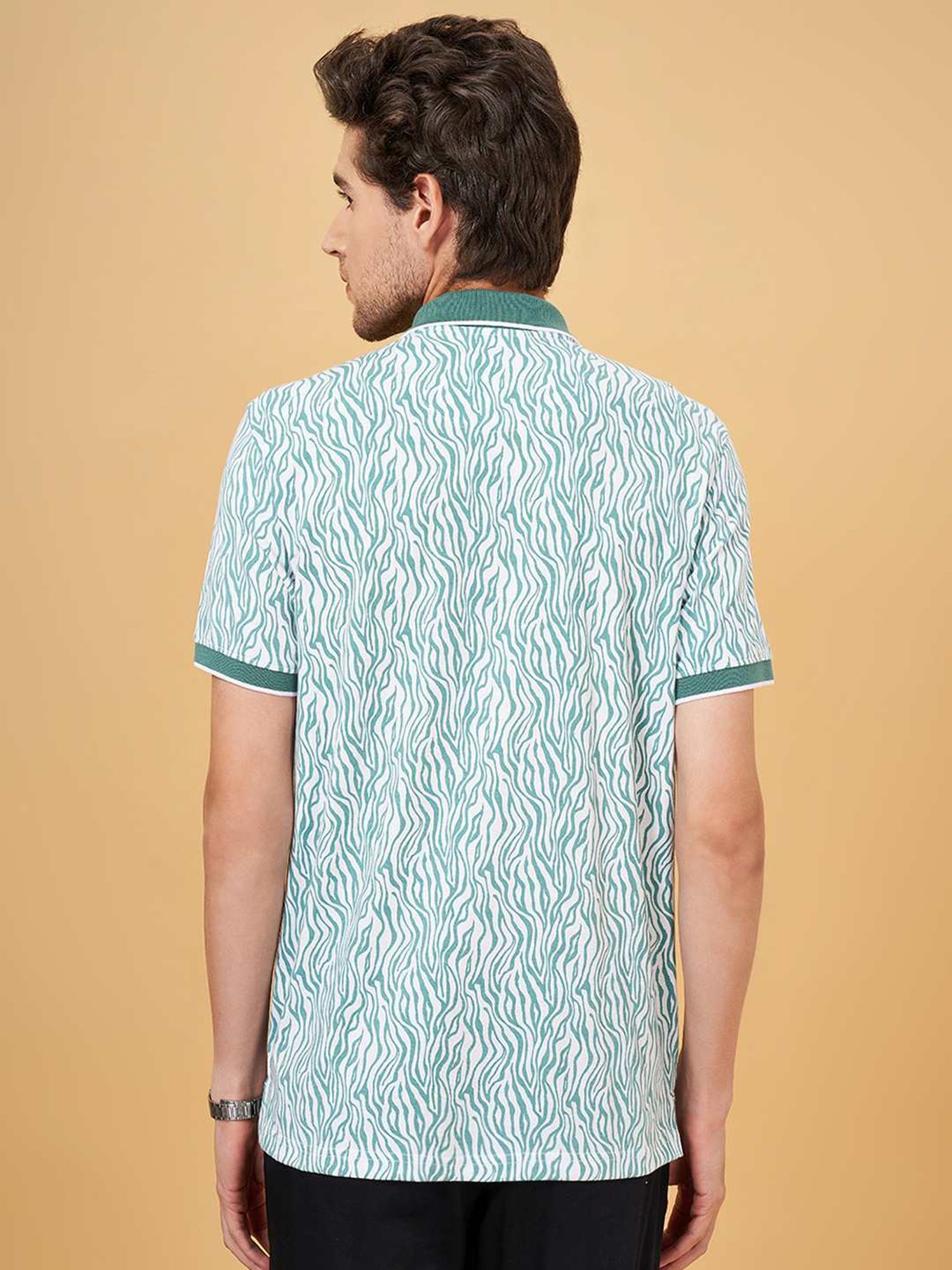 Byford By Pantaloons Blue Cotton Slim Fit Printed Polo T-Shirt