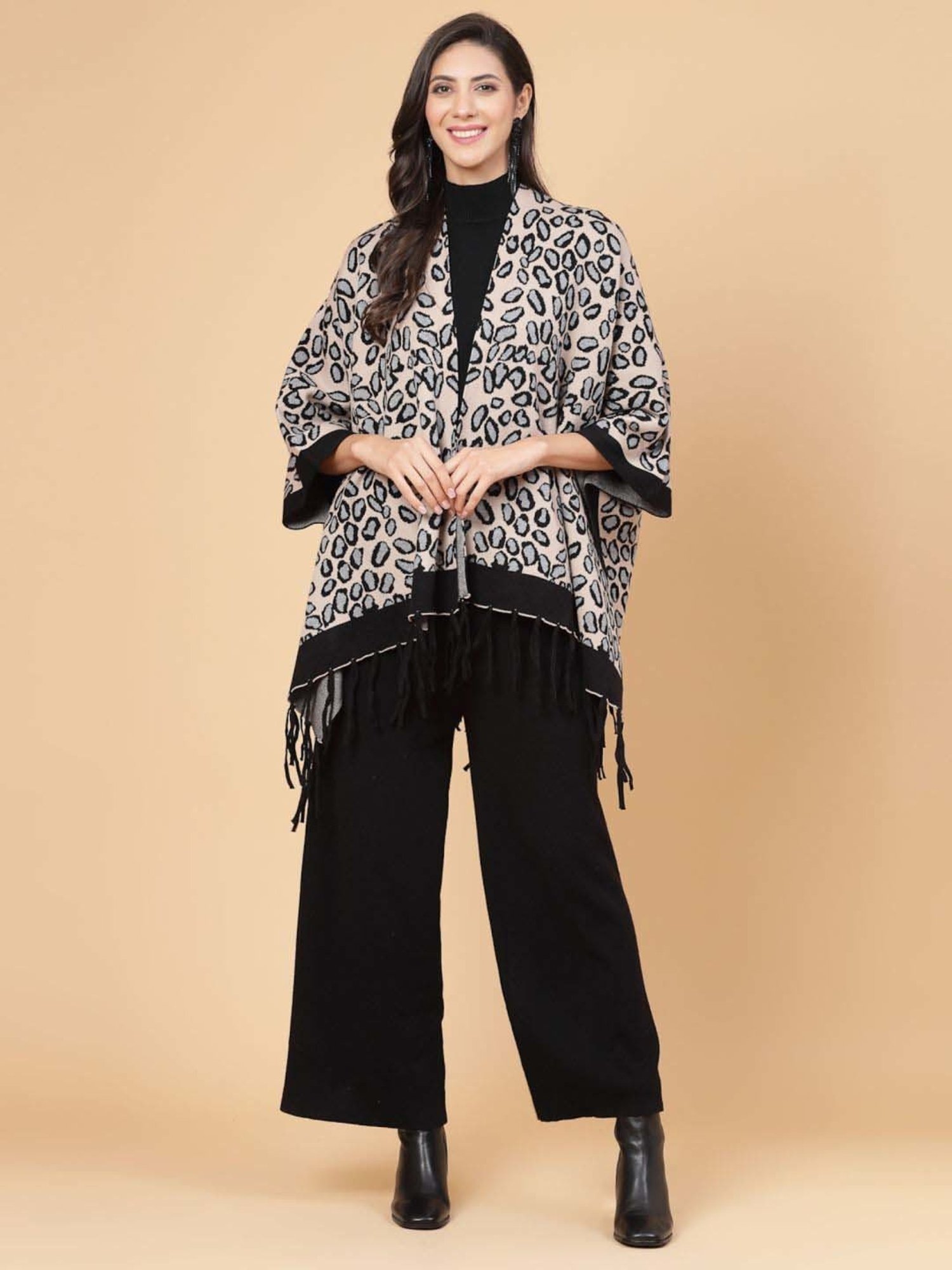 Mafadeny Beige & Black Printed Top Pants Set With Shrug