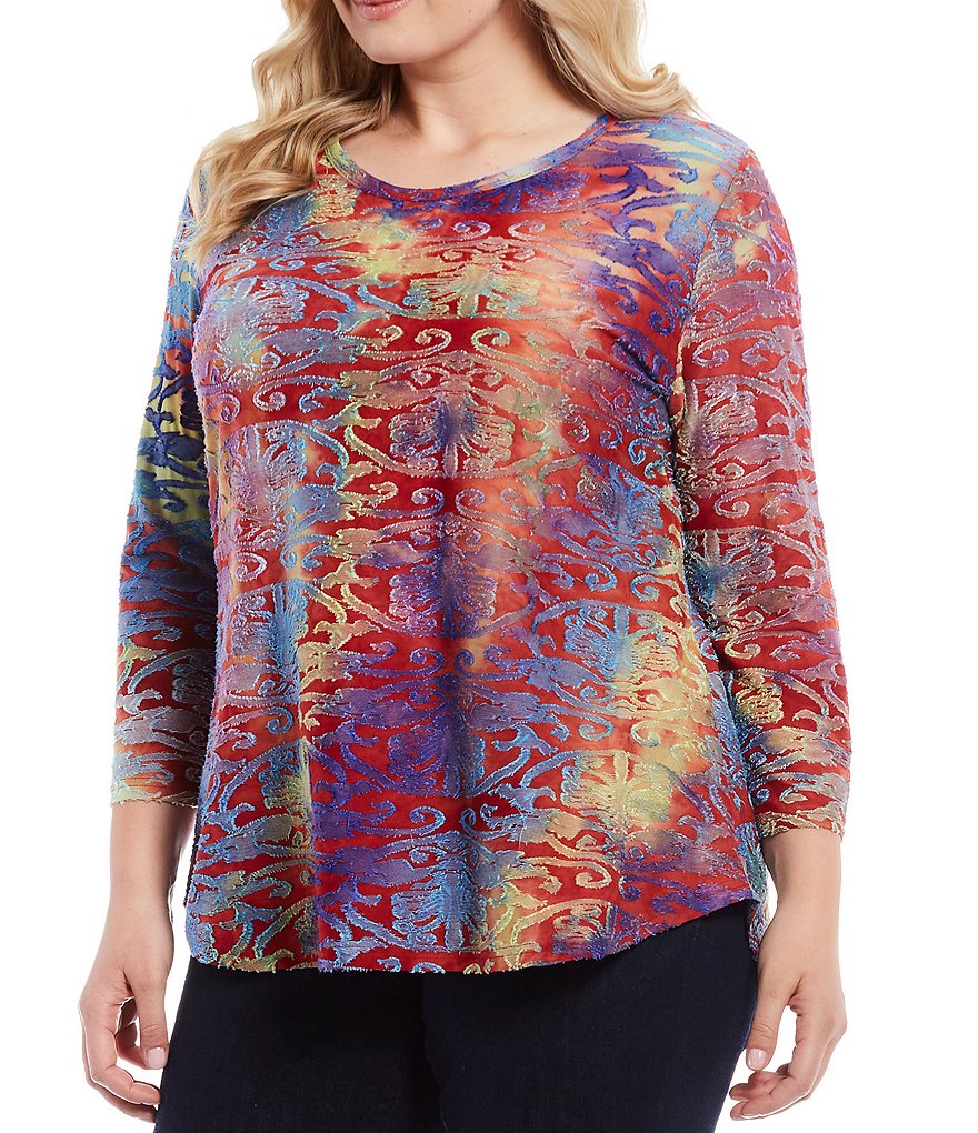 Calessa Plus Size Multicolor Burnout Scoop Neck 3/4 Sleeve Top