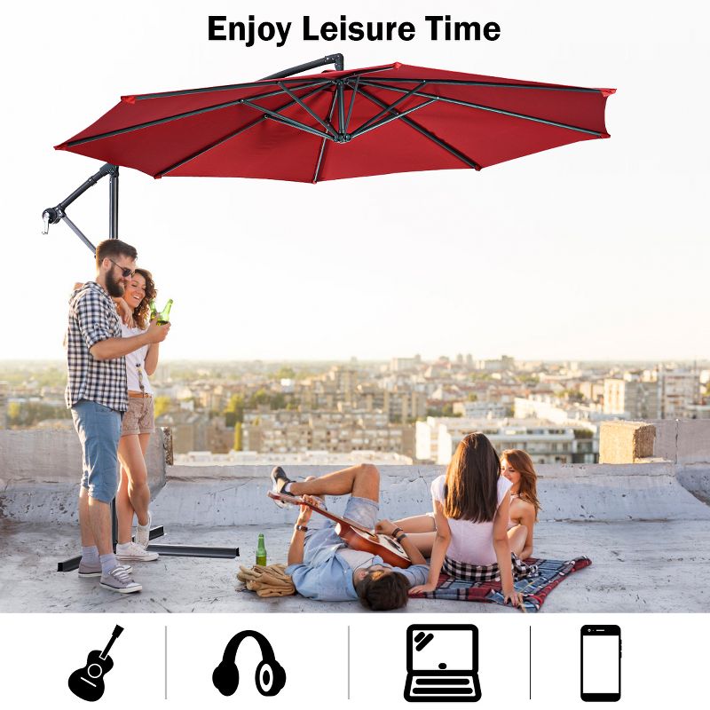 Costway 10' Hanging Umbrella Patio Sun Shade Offset Outdoor Market W/t Cross Base Burgundy