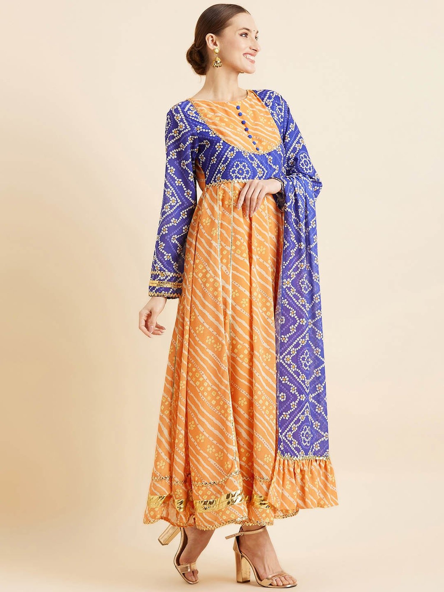 PANIT Orange & Blue Printed Ethnic Dress With Dupatta