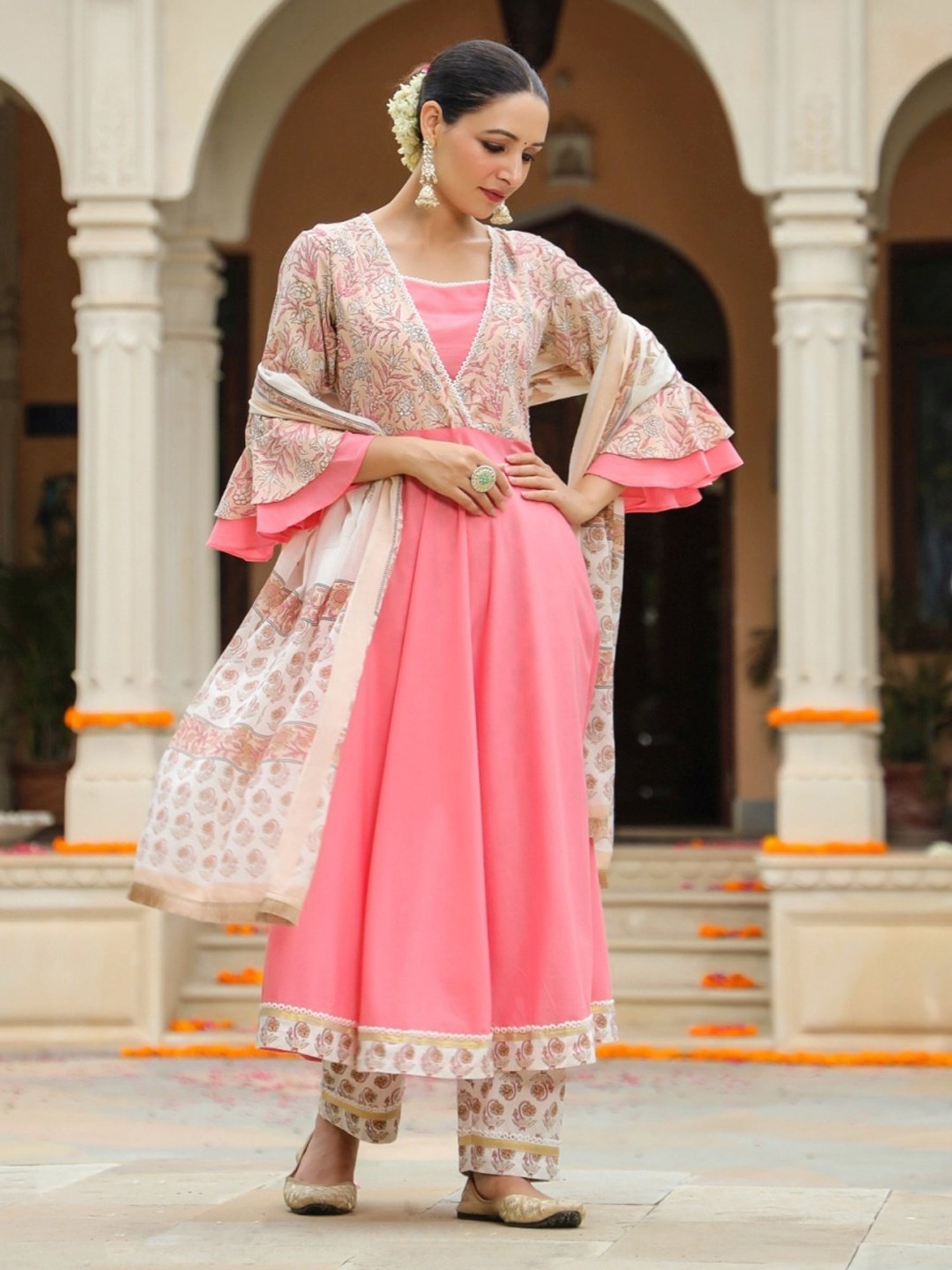 Rain and Rainbow Pink & Beige Cotton Floral Print Kurta Palazzo Set With Dupatta