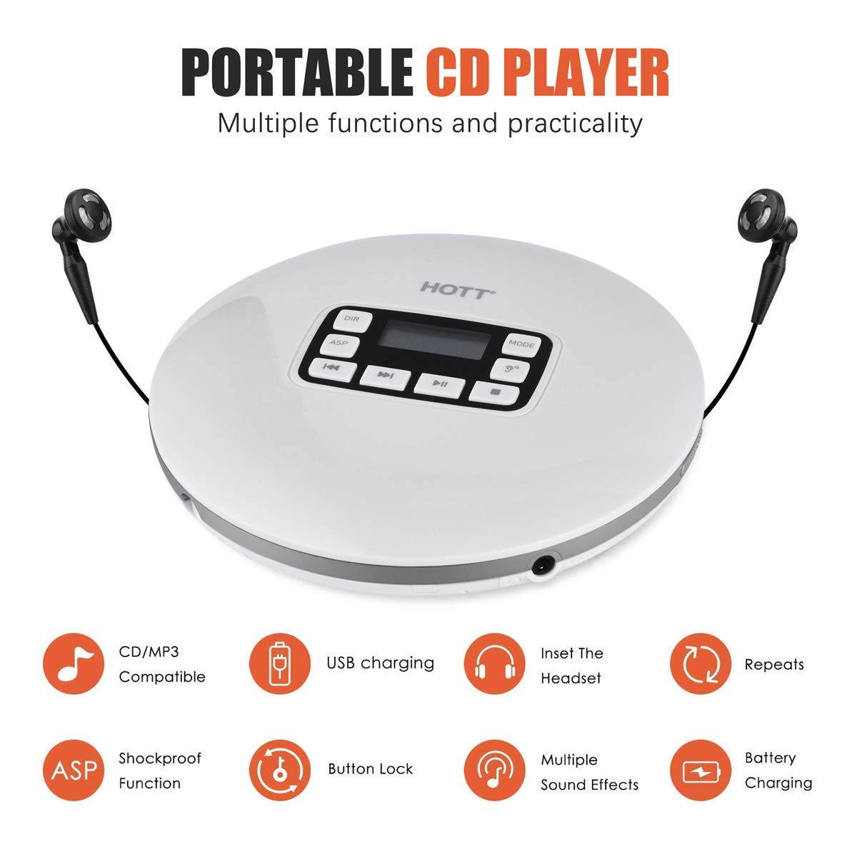 CD Player with Headphones, HOTT Personal CD Walkman Music Player with LCD Display, Skip Protection Shockproof Anti Scratch Function, Support CD, MP3 CD, CD-R, CD-RW Format - Black