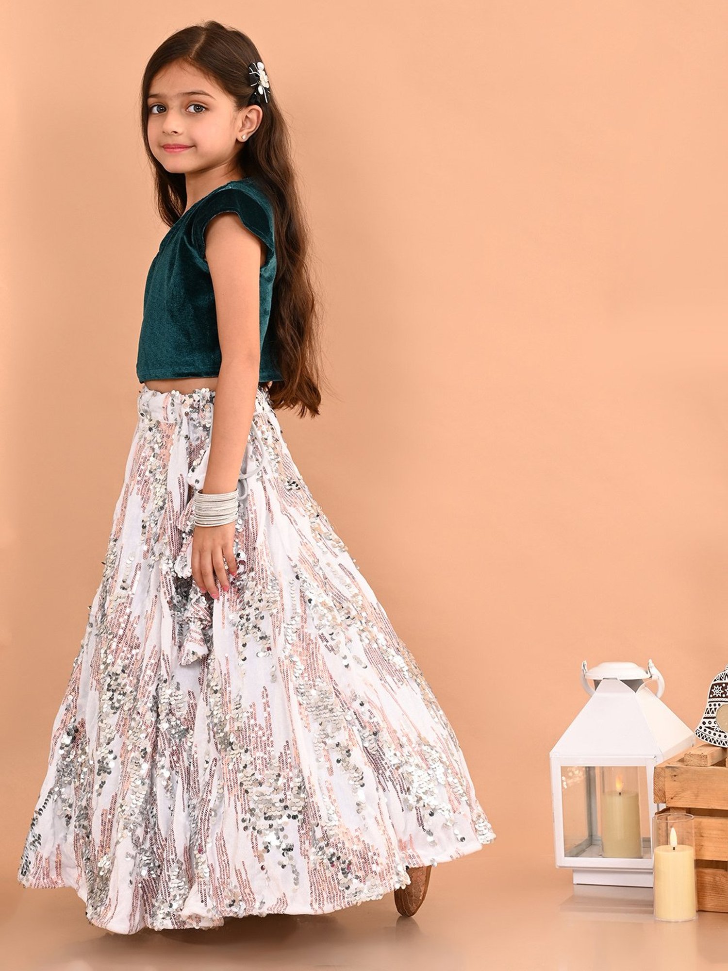 LilPicks Kids Green & White Embellished Lehenga with Choli