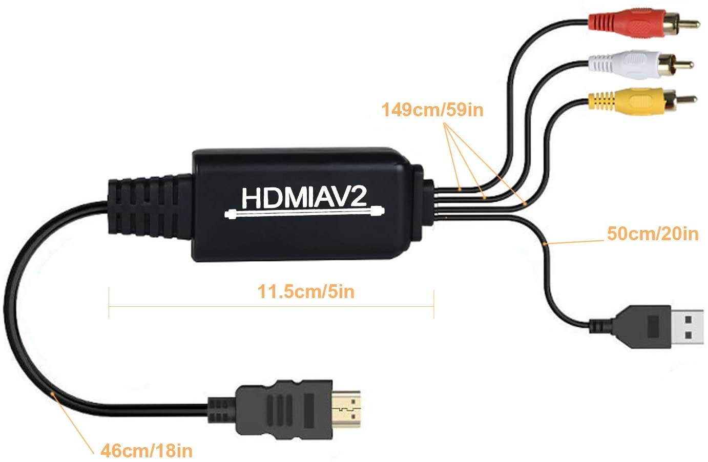 HDMI to RCA, HDMI to RCA Converter Adapter, 1080P HDMI to AV 3RCA CVBs Composite Video Audio Supports NTSC for PC, Laptop, HDTV, DVD, VHC VCR
