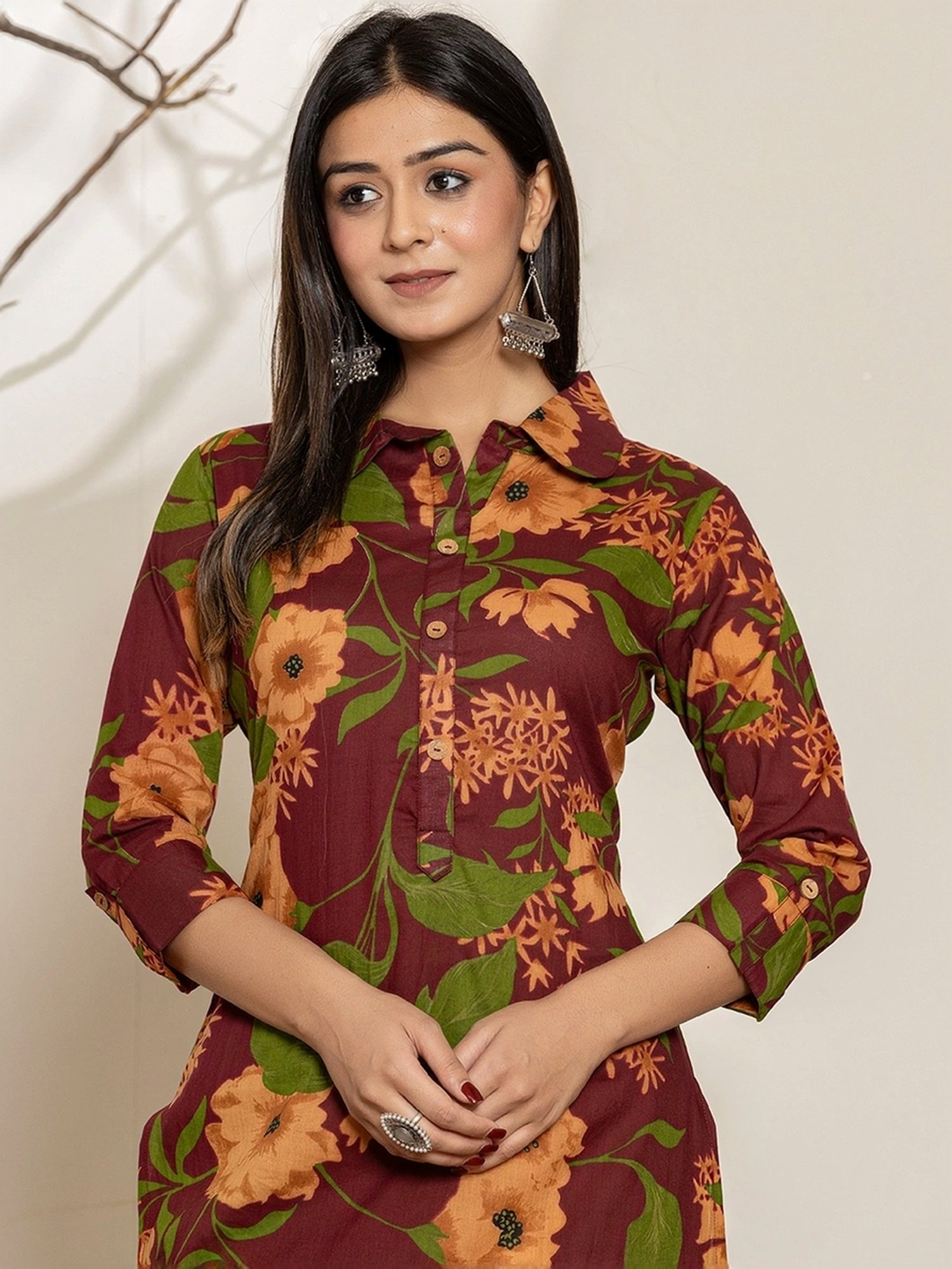 Yufta Maroon Cotton Printed Tunic Pants Sets