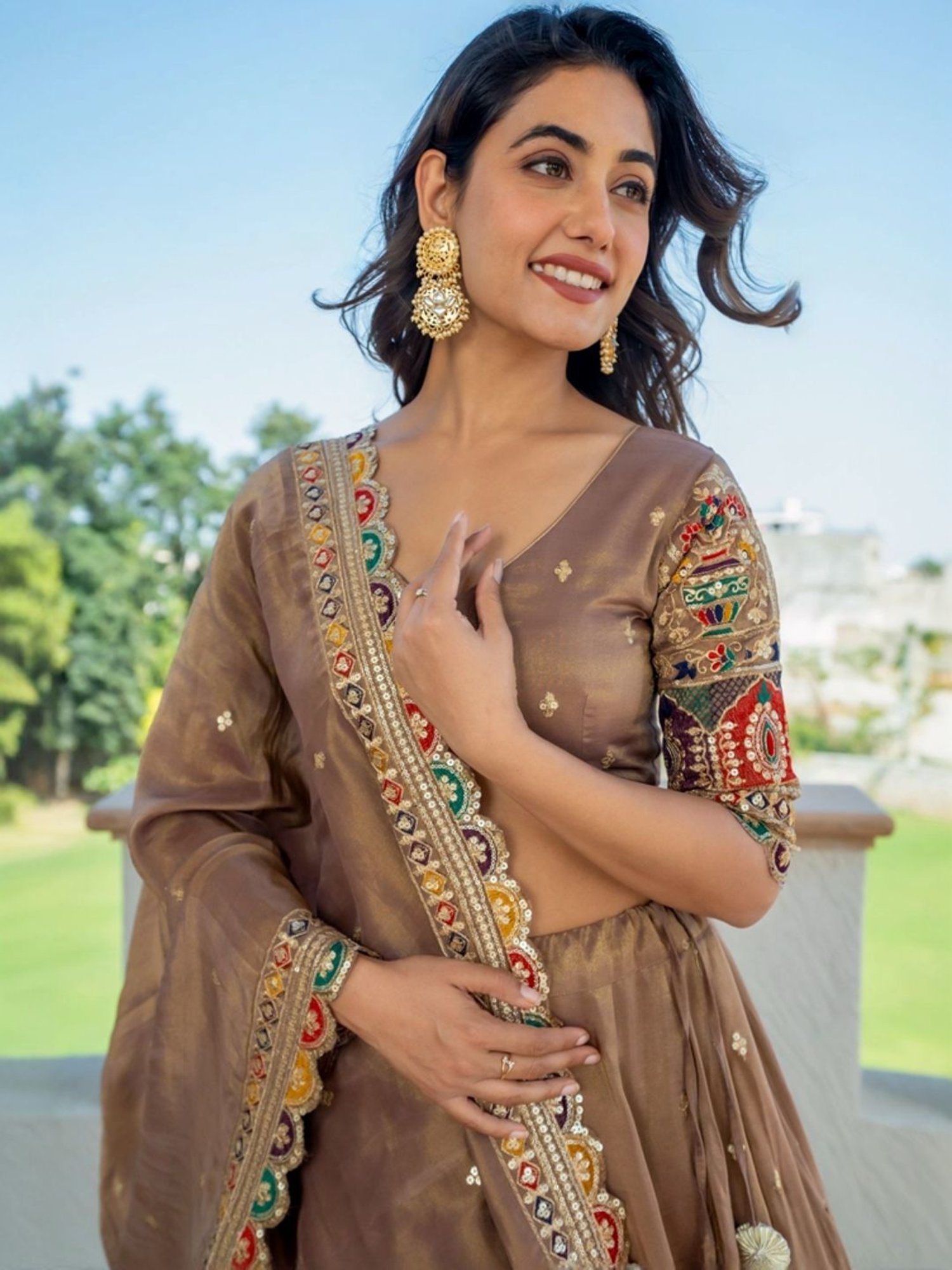 HOUSE OF JAMOTI Brown Embroidered Lehenga Choli Set With Dupatta