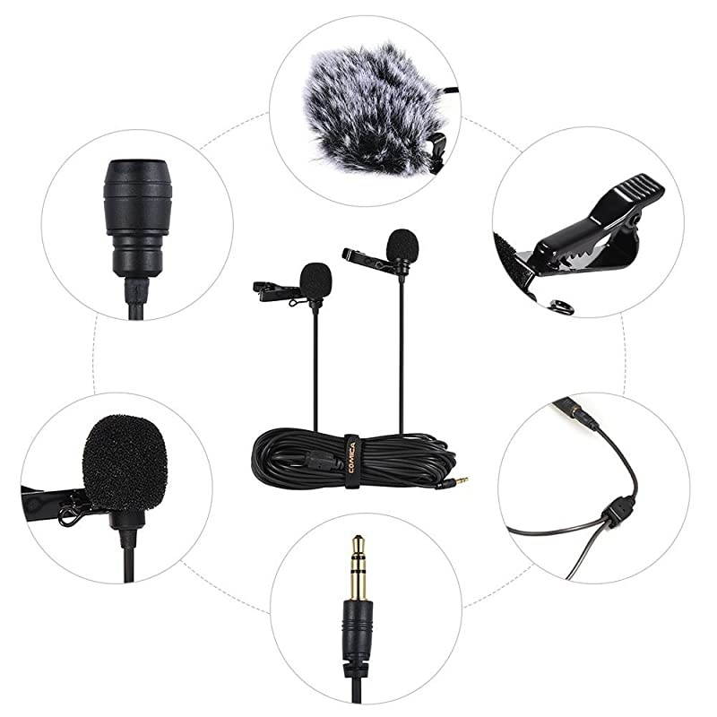 CVMD02 Dual Lavalier MicrophonesOmnidirectional Condenser Handsfree Clipon Lapel Mic with 35mm TRS ConnectorLav mic for CameraDSLRiPhoneAndroidHuaweiSonyPC LaptopBlack25meters
