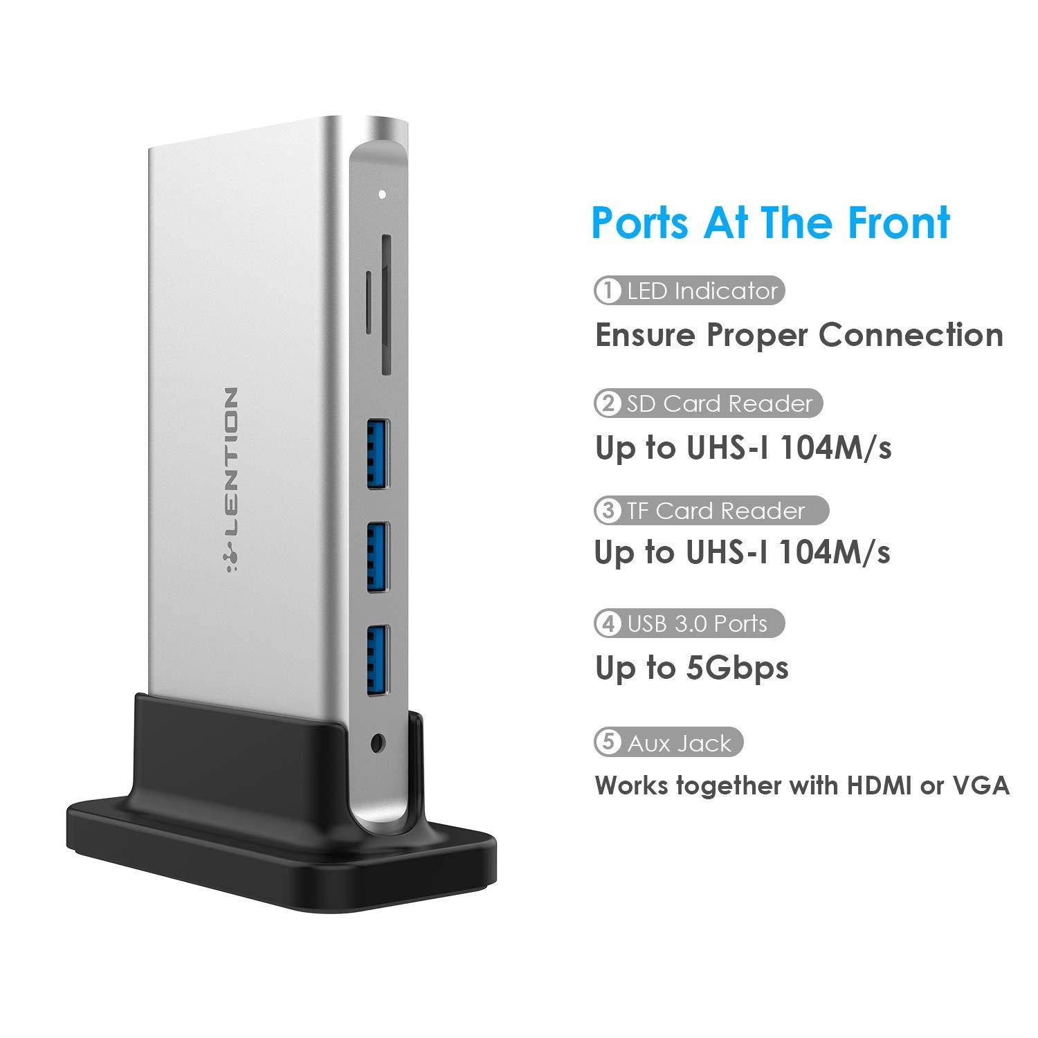 LENTION USB-C Portable Docking Station with 4K HDMI & VGA Dual-Display, Gigabit Ethernet, Card Reader, Aux Adapter, USB 3.0, Power Delivery for MacBook Air/Pro (Thunderbolt 3), More (Silver)