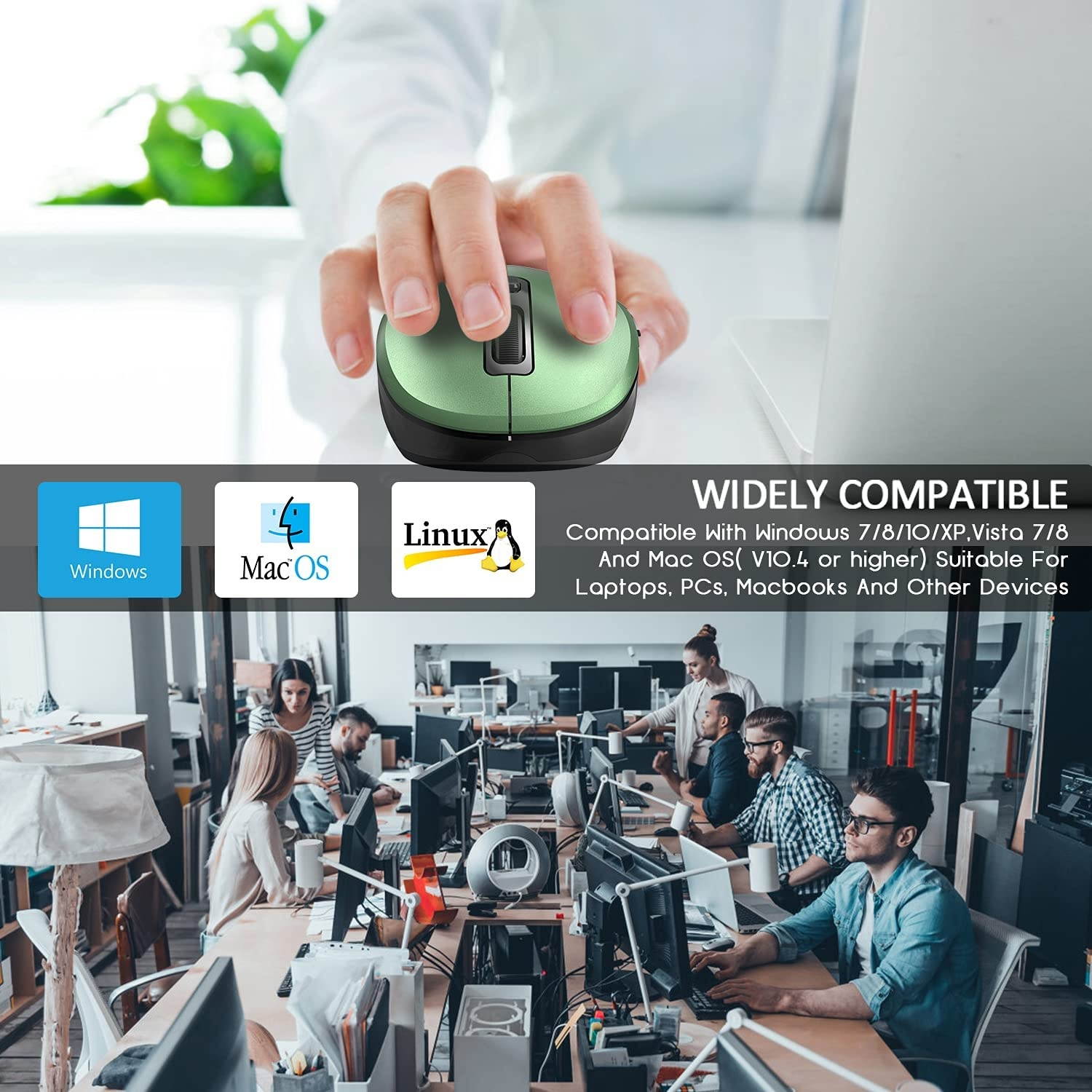 WisFox 2.4G Wireless Mouse for Laptop Ergonomic Computer Mouse with USB Receiver and 3 Adjustable Levels 6 Button Cordless Mouse Wireless Mice for Windows Mac PC Notebook (Metallic Green)