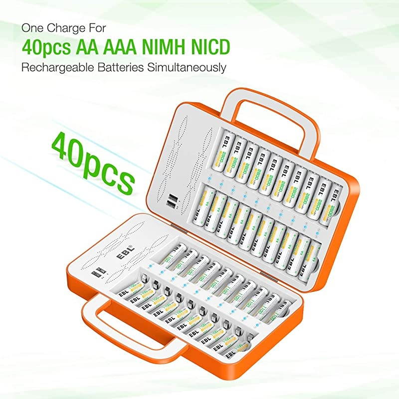 40Slot Battery Charger for 2/4/.20/24.38/40 pcs AA AAA Rechargeable Batteries - Advanced Multiple Battery Charger with 4 USB Output for Phones - Handle Design(Batteries not Included)