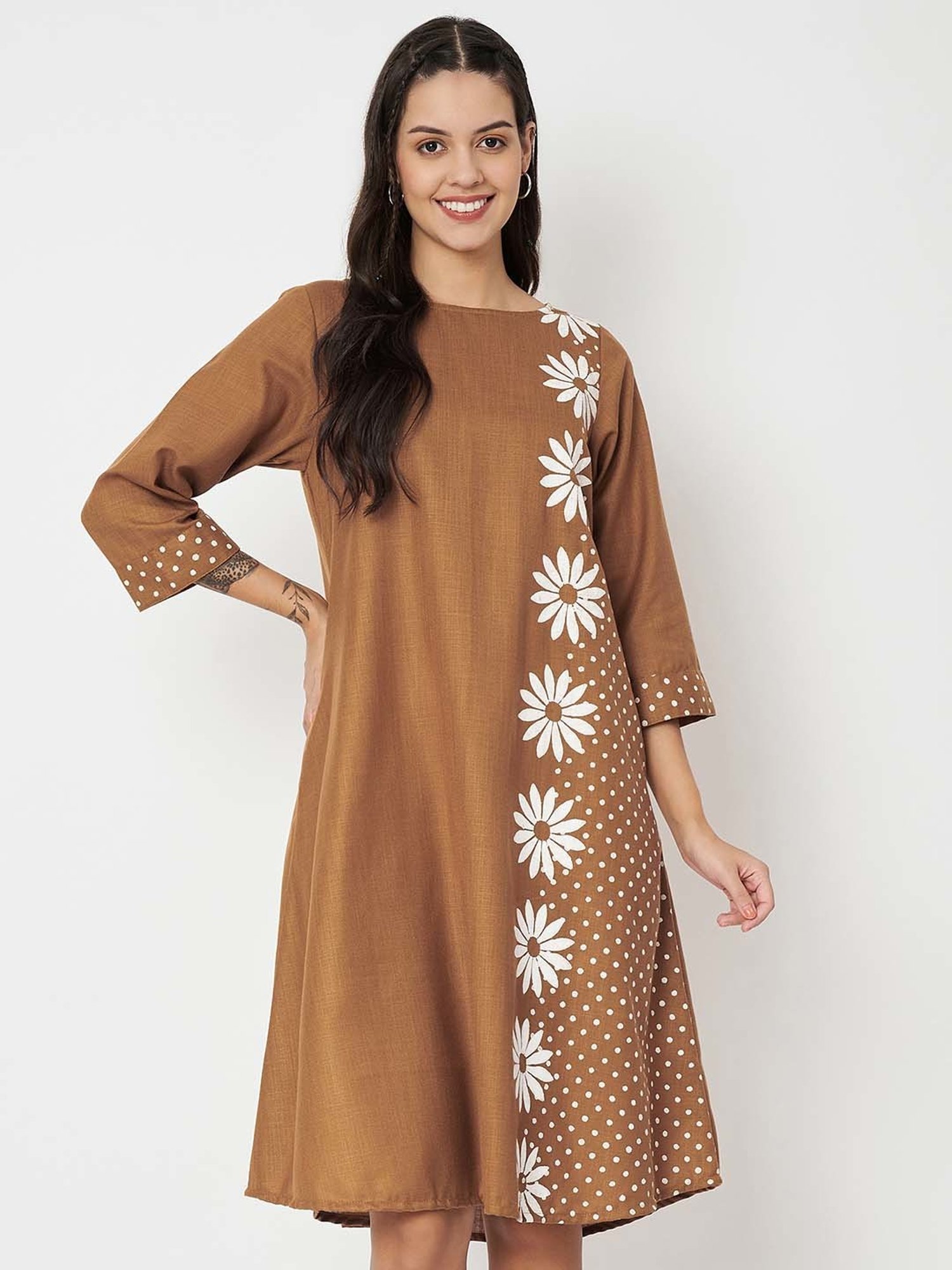9rasa Mustard Printed A Line Ethnic Dress